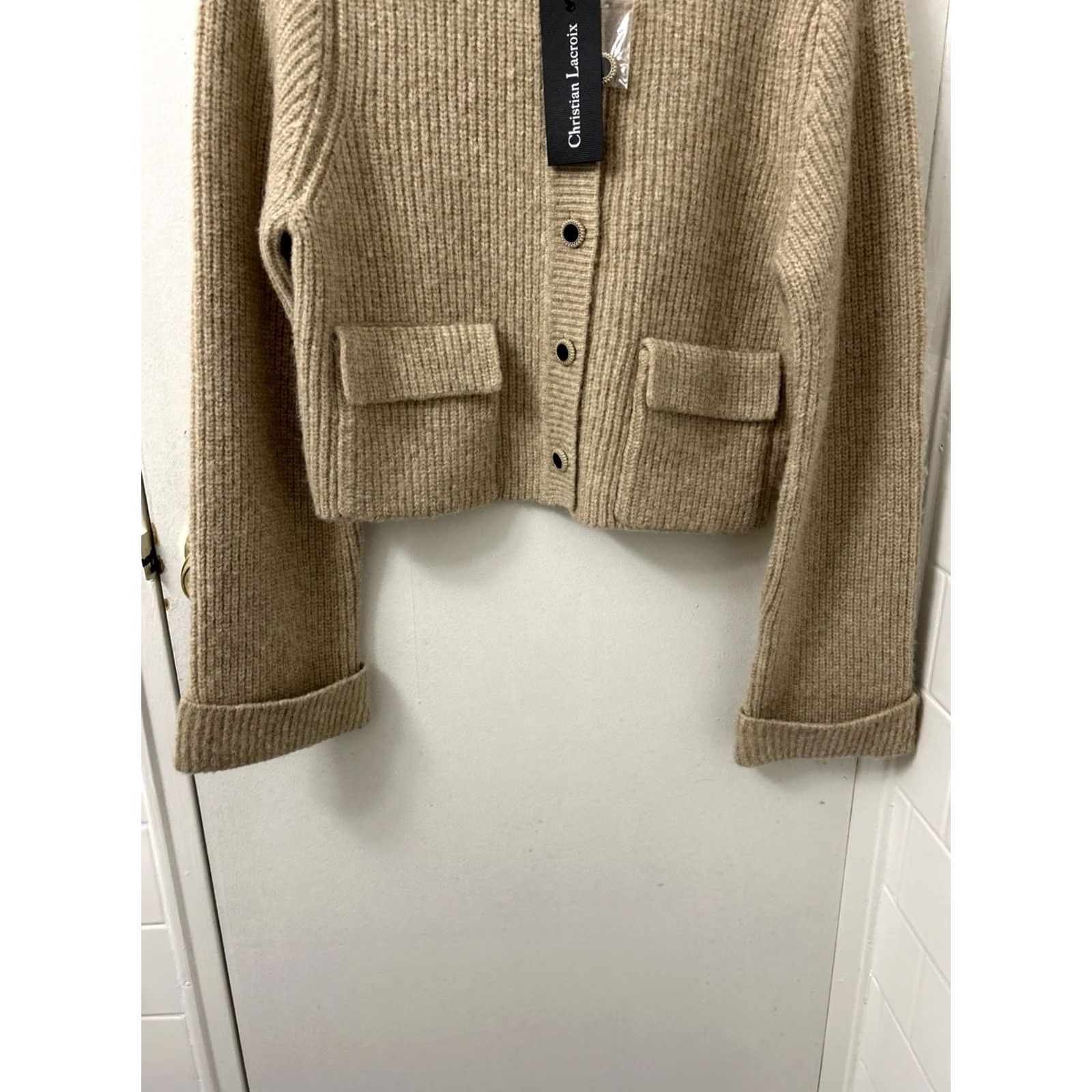 Christian Lacroix Christian Lacroix Cardigan Sweater Womens Small Tan Wool Ribbed Knit Cropped NWT Size S / US 4 / IT 40 - 3 Thumbnail