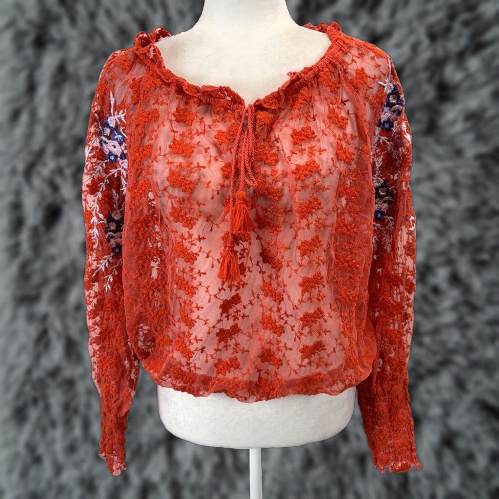 Free People Free People Floral Lace Embroidered Long Sleeve Top Womens Small Red Boho Style Size S / US 4 / IT 40 - 1 Thumbnail