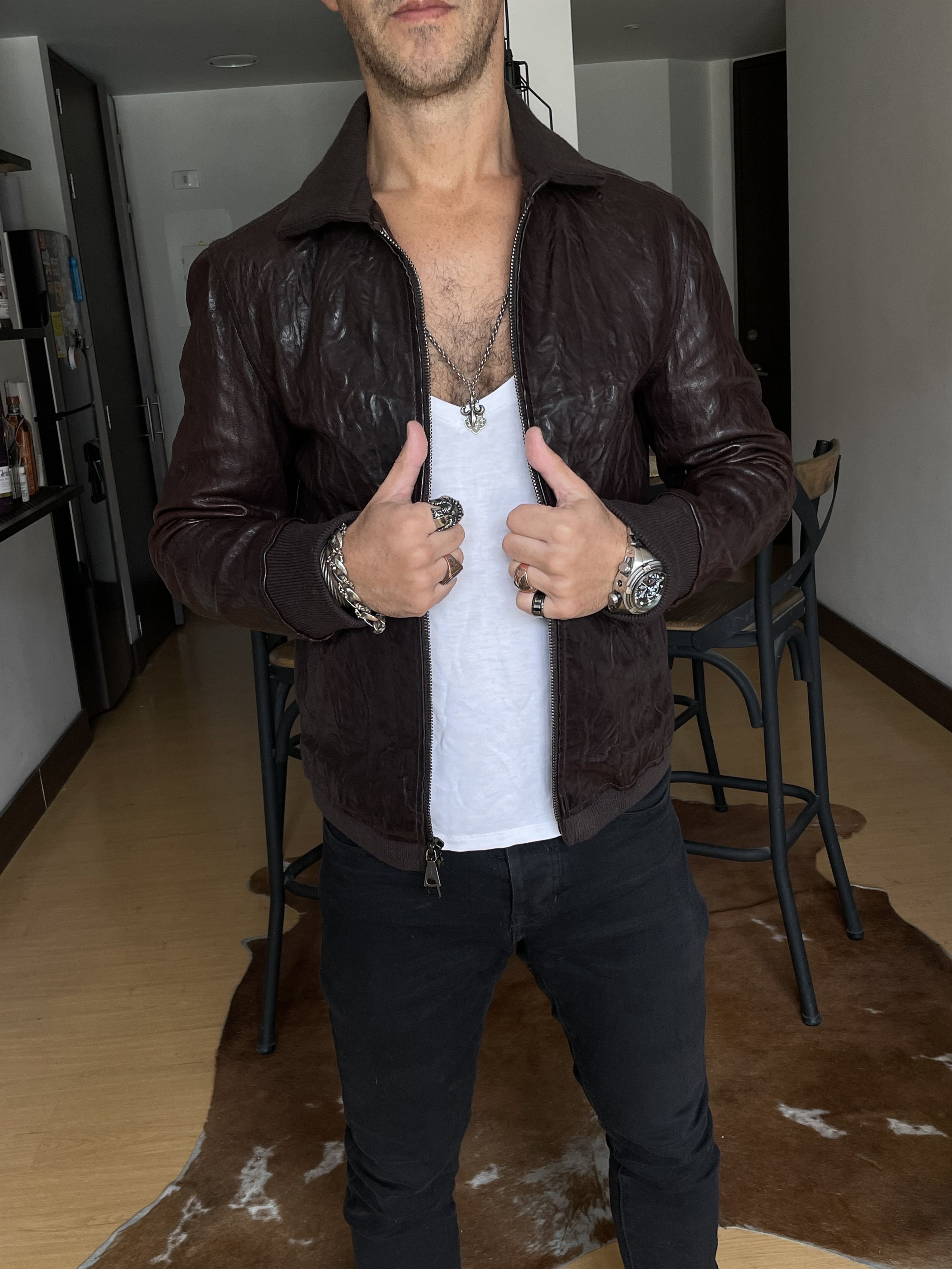 John Varvatos John Varvatos Crinkled Bomber Leather Jacket Brown $2698 Size US S / EU 44-46 / 1 - 5 Thumbnail