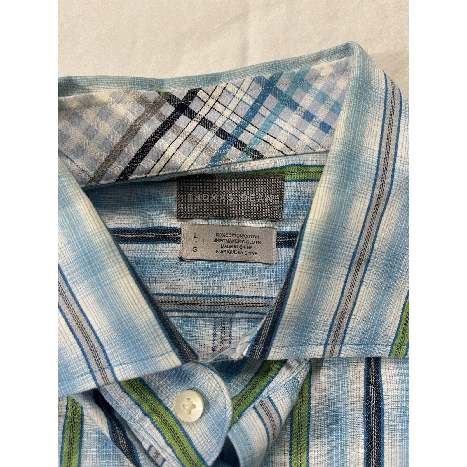 Thomas Dean Mens Thomas Dean Blue Green Striped Cotton Collar Shirt L Size US L / EU 52-54 / 3 - 2 Thumbnail