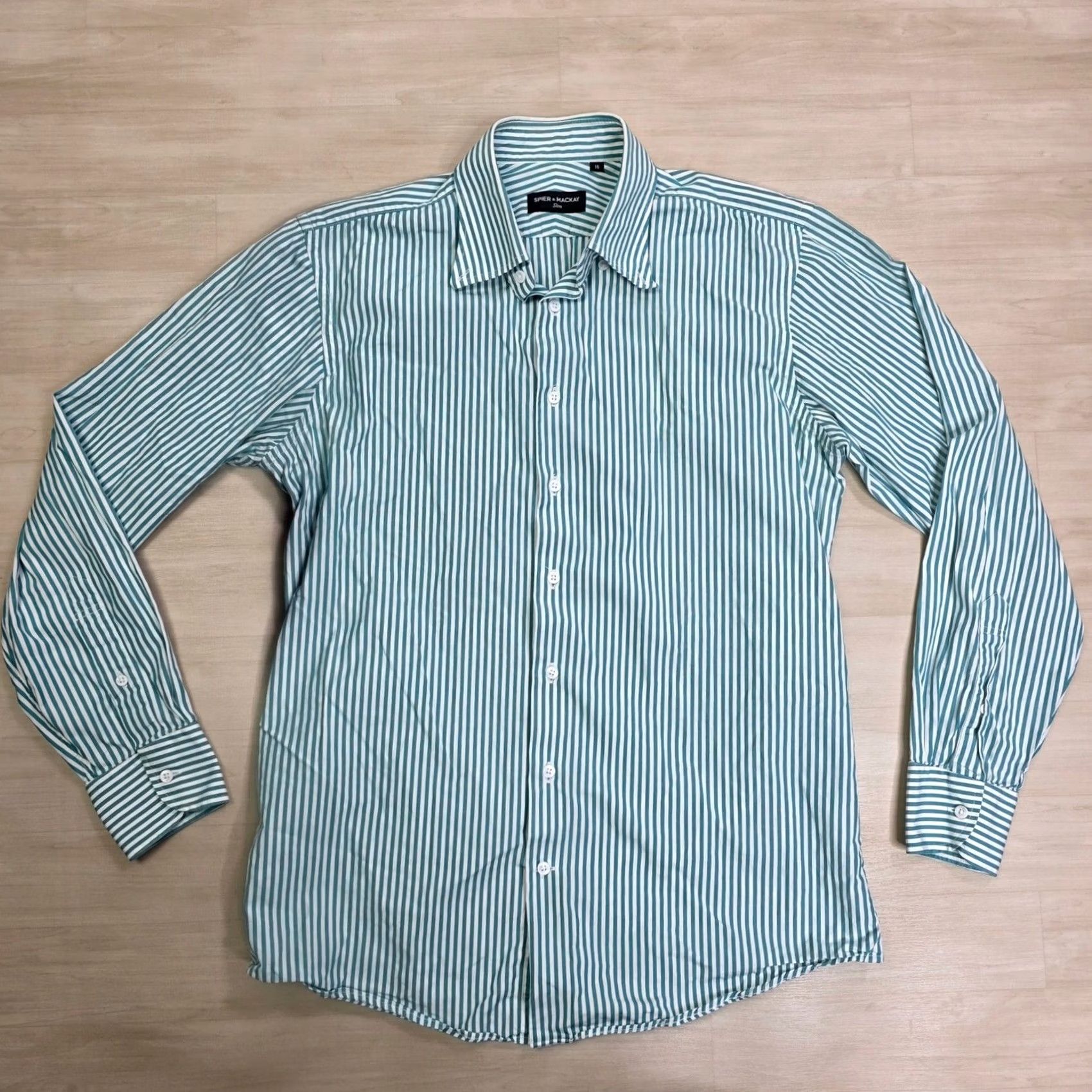 Vintage SPIER MACKAY Dress Shirt Slim Fit Green White Stripe Long Sleeve Size 16 Large Mens Size 42R - 2 Thumbnail