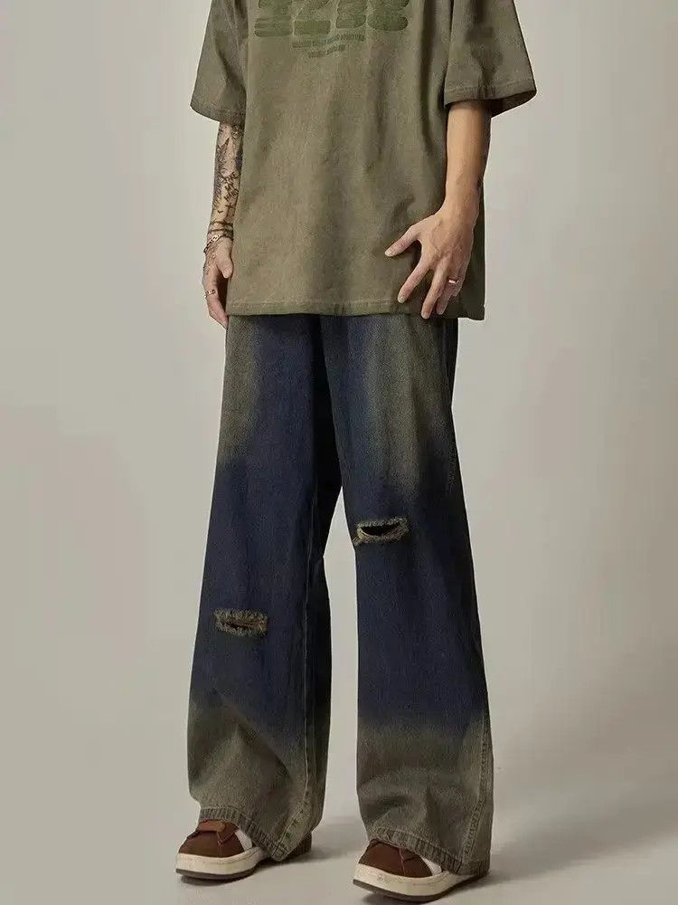 Straight tube loose wide leg ripped jeans