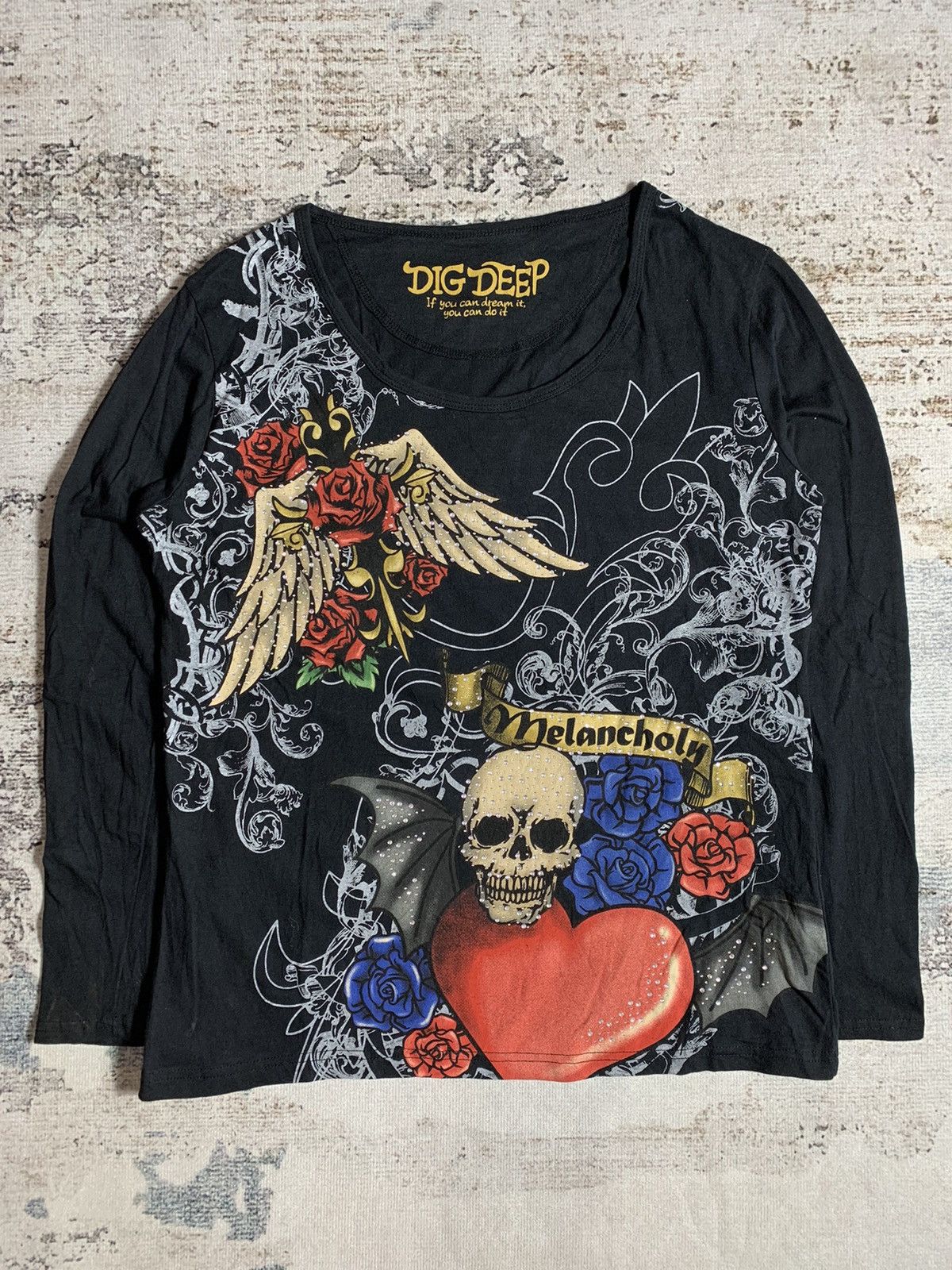 image of Hysteric Glamour x If Six Was Nine Japan -Dig Deep Flowers Skull Longsleeve Tee in Black (Size Medi