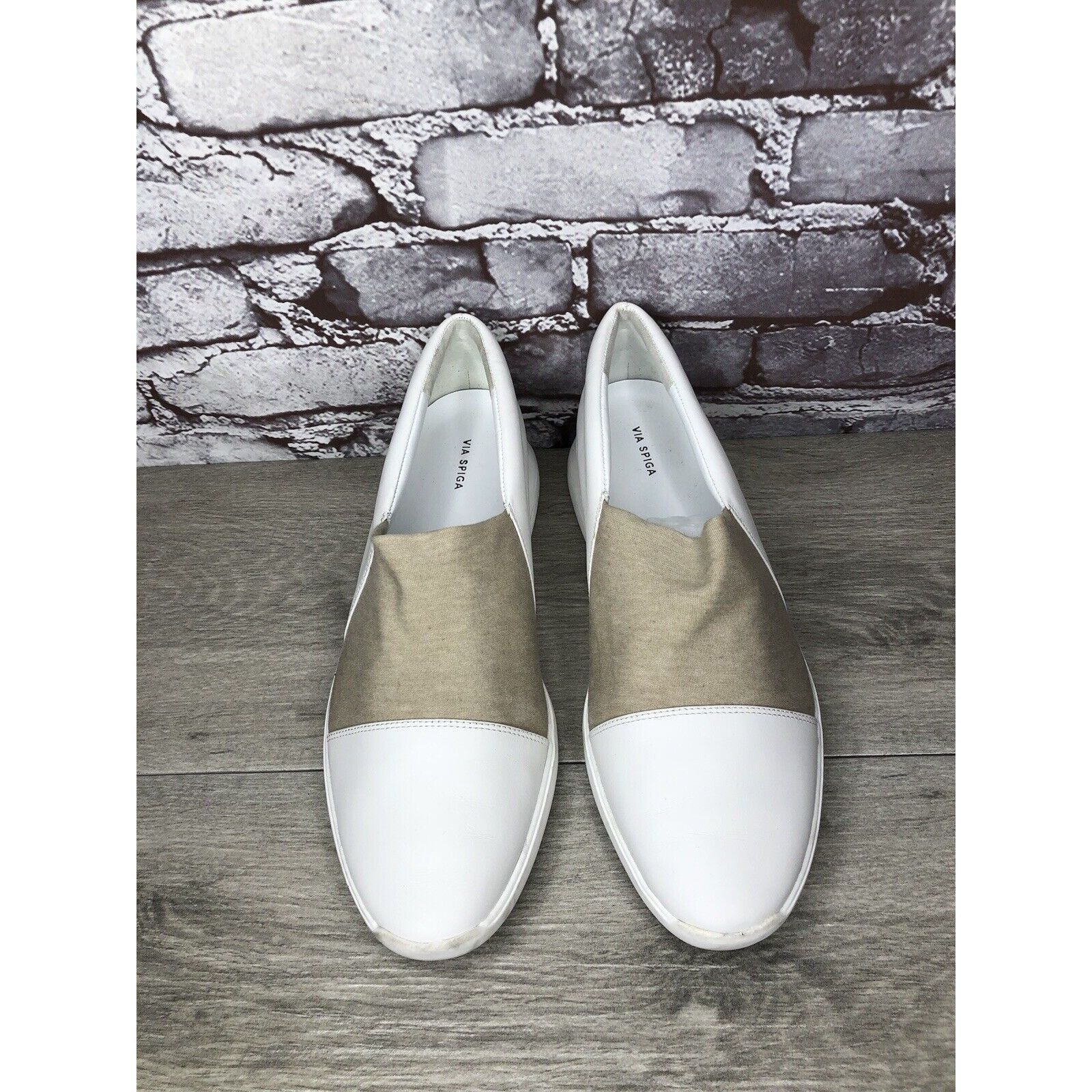 Other Via Spiga White Leather Beige Fabric Slip On Sneakers Women’ Size US 9.5 / IT 39.5 - 17 Thumbnail