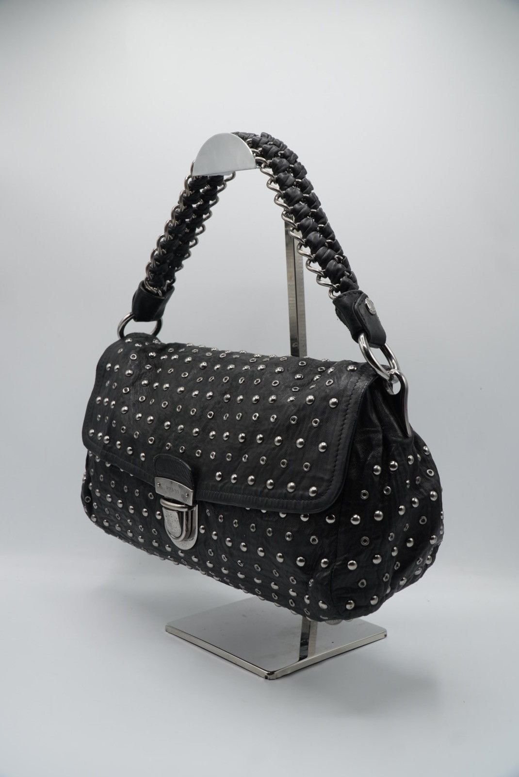 Prada Prada Black Leather Studded Handbag Size ONE SIZE - 4 Thumbnail