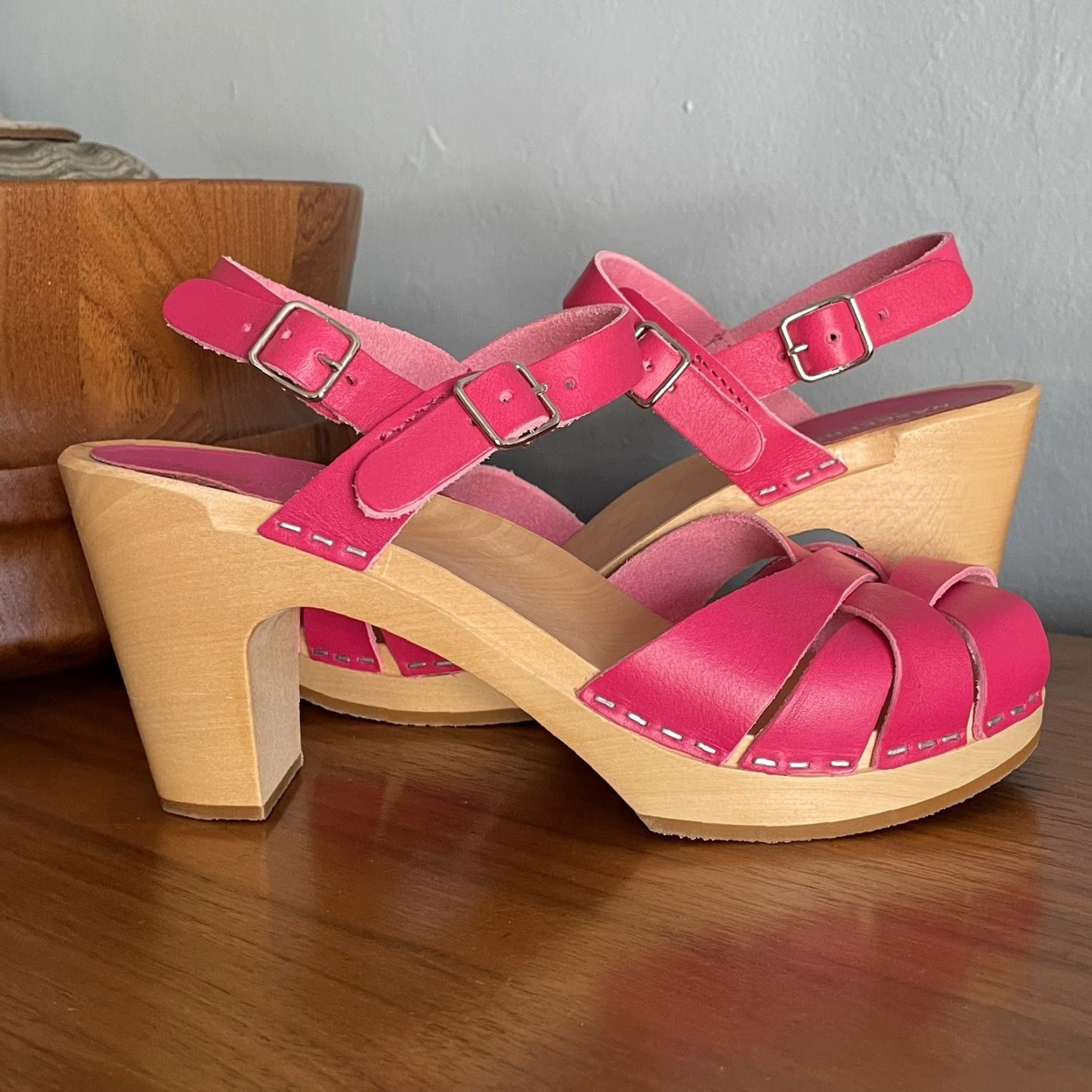 Swedish Hasbeens Swedish Hasbeens Sandal Women Pink Leather Strappy Open Toe Buckle Ankle Strap High Heel 3-3.9in Sz 37 Size US 7 / IT 37 - 2 Thumbnail