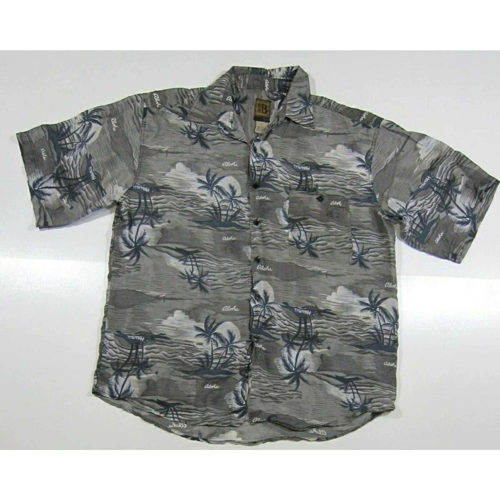 Vintage VINTAGE Bruno B Shirt Men Large 100% Silk Grey Aloha Palm Tree Floral Hawaiian Button-Up Short Sleeve Collared 50s 60s 70s 80s Mens Size US L / EU 52-54 / 3 - 5 Thumbnail