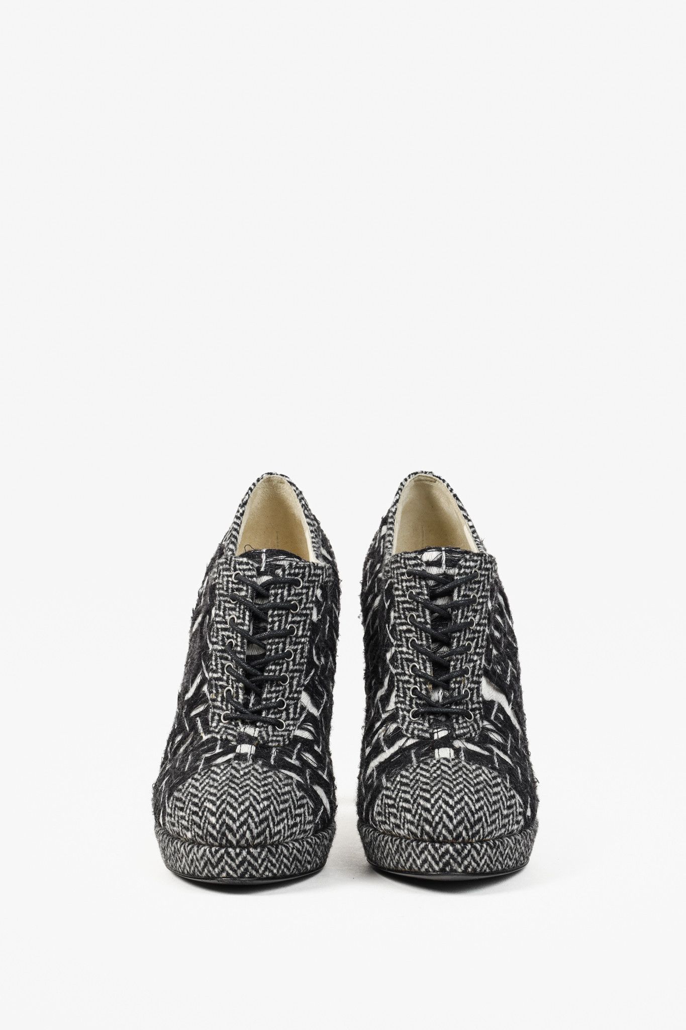 Chanel Chanel G27462 Wool Tweed Lace Up Silver Heel Booties Size US 9 / IT 39 - 2 Thumbnail