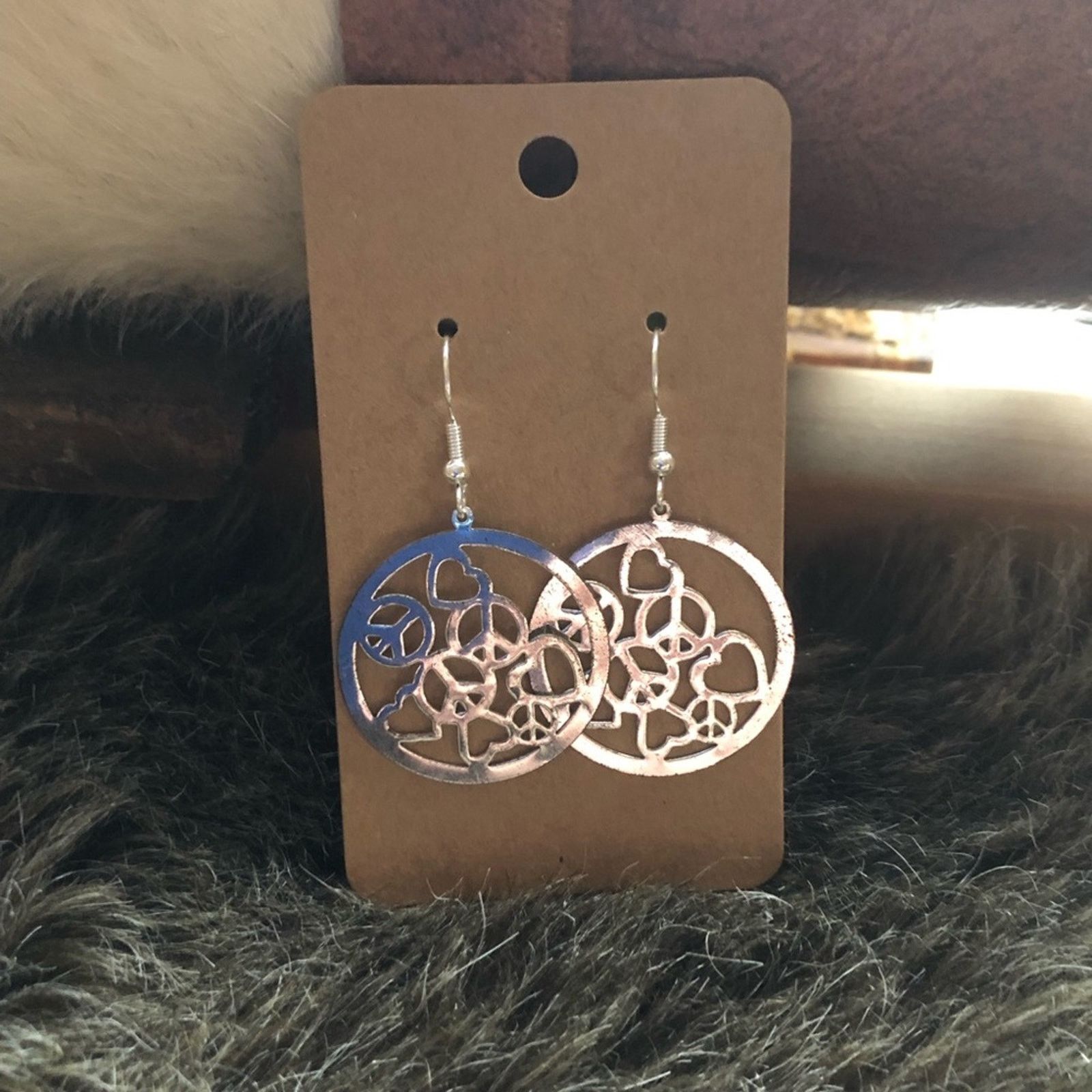 Jewelry Hand crafted heart and peace sign silver dangle earrings Size ONE SIZE - 1 Thumbnail