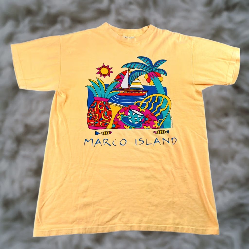 Vintage VTG Marco Island Single Stitch S/S Graphic T-Shirt Yellow Large Unisex 1990s Graphic Tee MTI Sportswear/Beach Mens Womens Size US XL / EU 56 / 4 - 1 Thumbnail