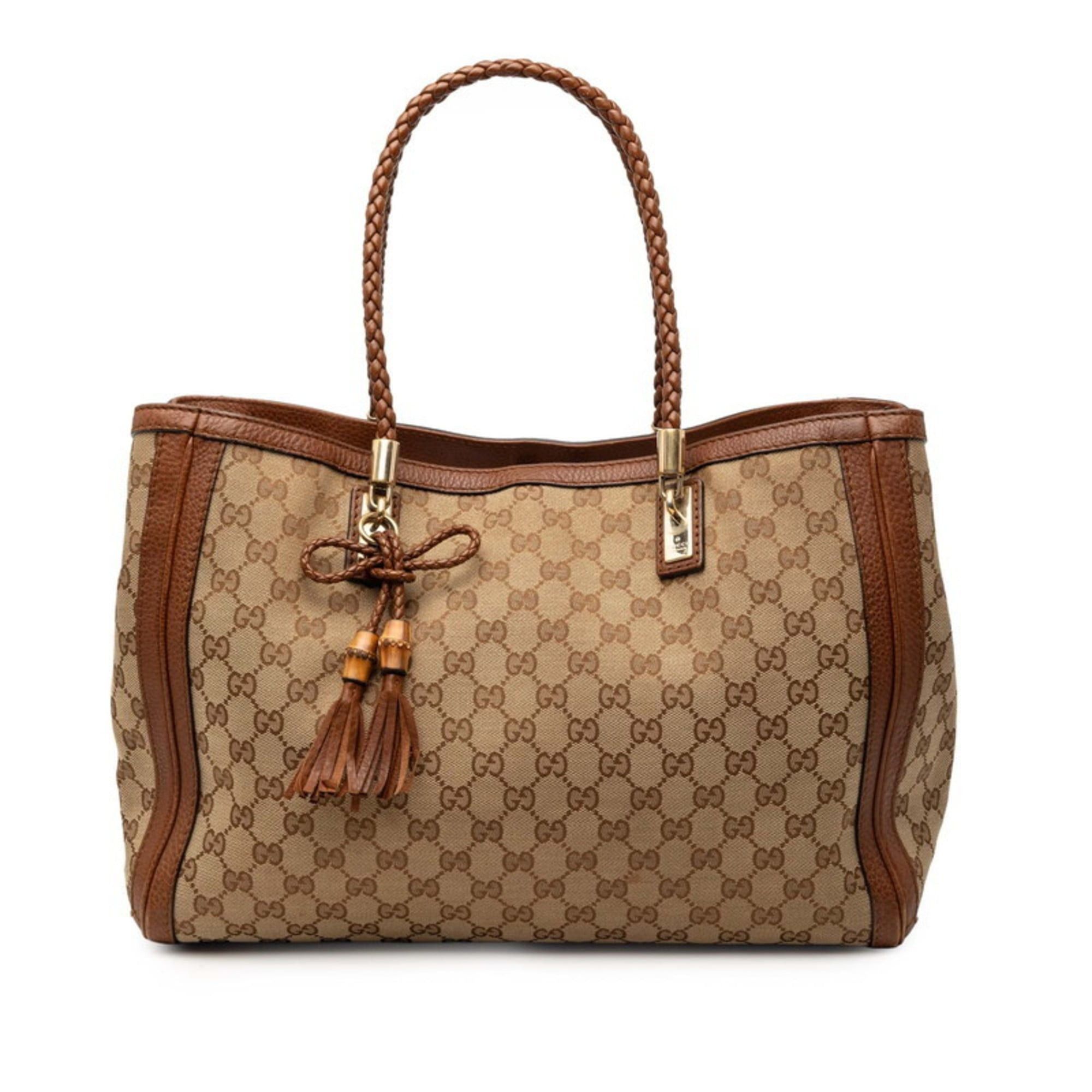 Gucci GG Canvas Bamboo Tassel Bella Shoulder Bag Tote 269945 Beige