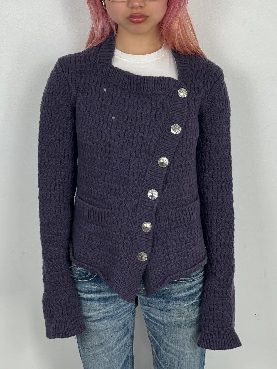 Marithe + Francois Girbaud 2000s Marithé + François Girbaud Asymmetrical Buttoned Wool Purple Cardigan Size S / US 4 / IT 40 - 2 Thumbnail