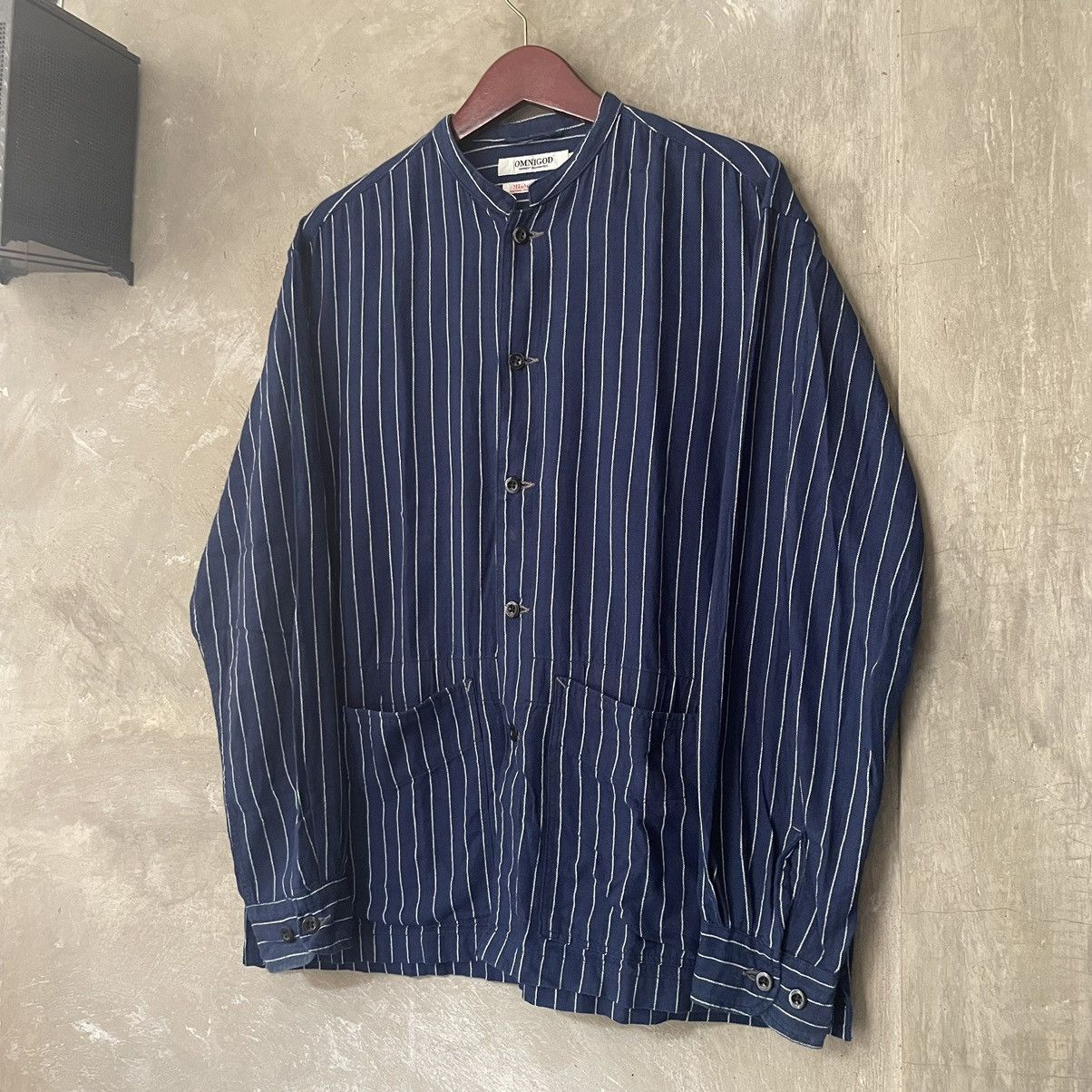 Designer × Japanese Brand × OMNIGOD Work Overshirt Wabash Omnigod Band Collar Striped Indigo Size US L / EU 52-54 / 3 - 2 Thumbnail