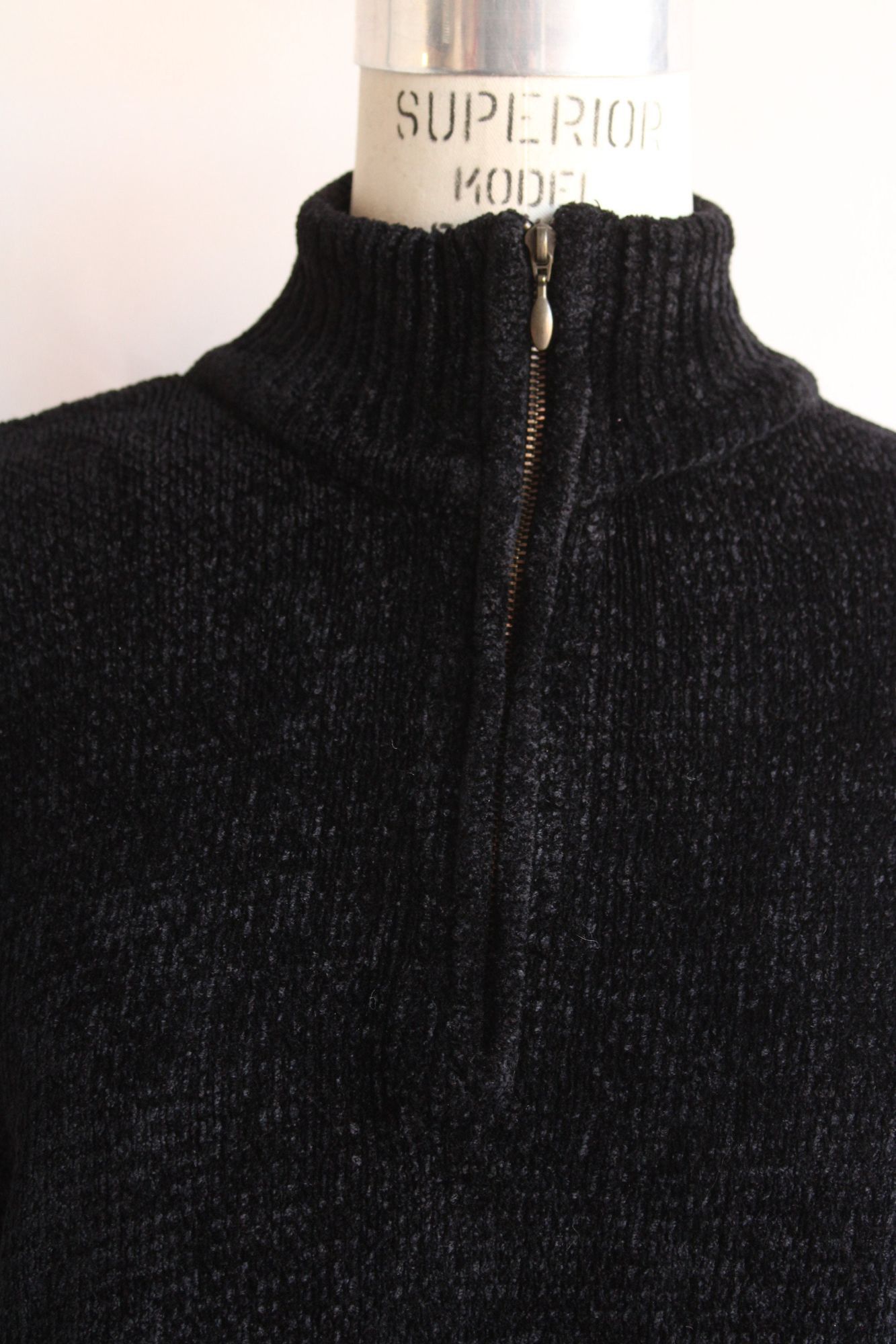 Vintage Vintage 1990s 2000s Sweater, Black Chenille Zipper Mock Neck Size L / US 10 / IT 46 - 9 Thumbnail