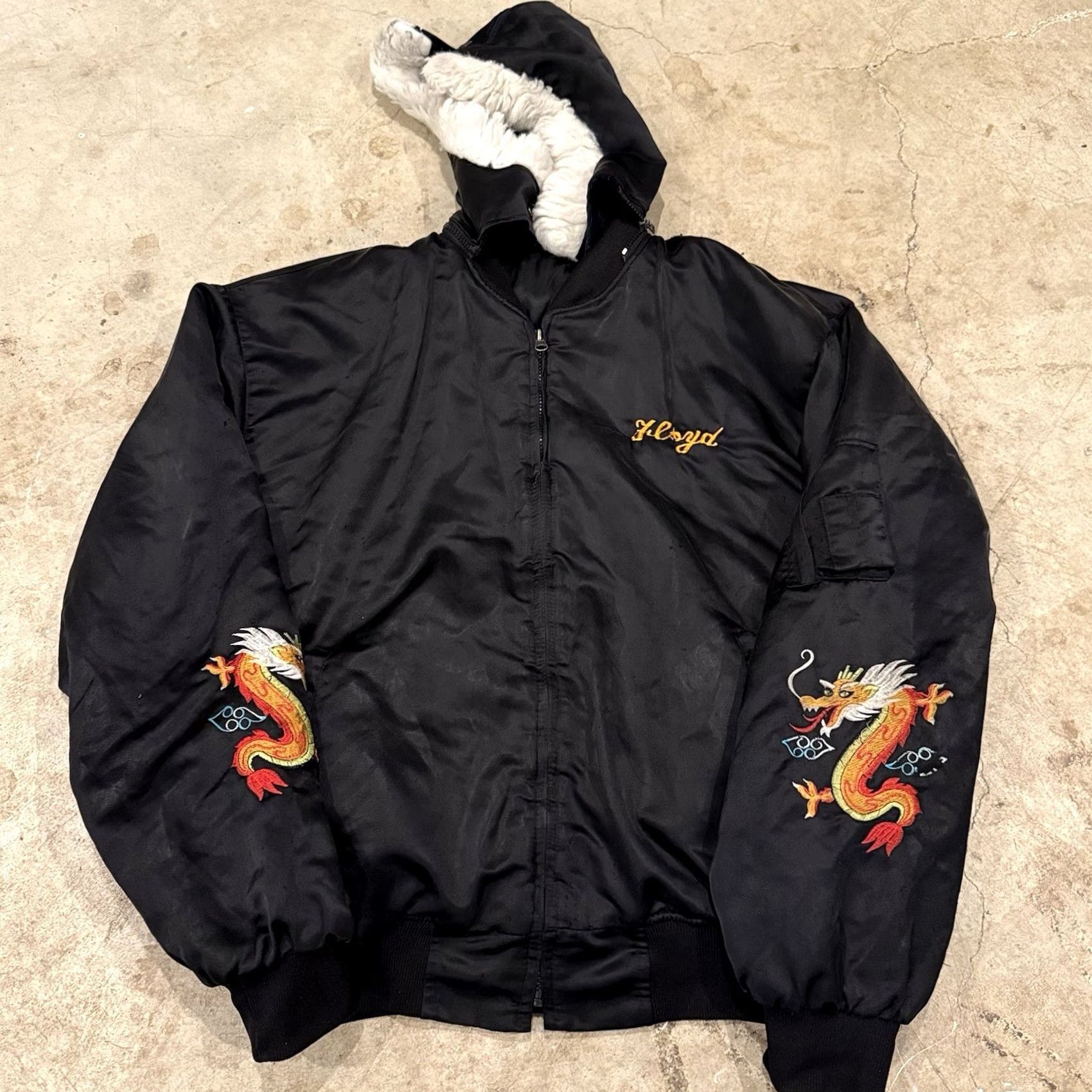Vintage VTG Souvenir Jacket Flight Bomber Sukajan Dragon Y2K Korean Snorkel Hood XL Jacket Men Black Satin Size US XL / EU 56 / 4 - 2 Thumbnail
