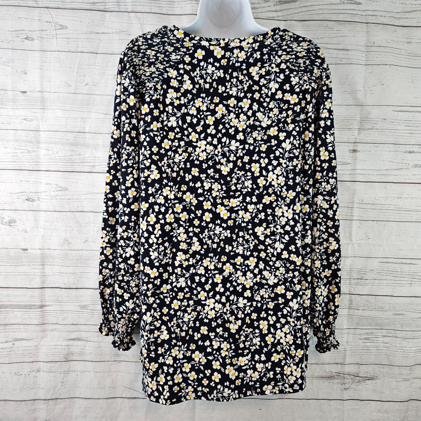 J. Jill J Jill Womens Blouse Tunic XL Floral Long Sleeve Cotton Blend Blue Yellow Smocked VINTAGE? Size XL / US 12-14 / IT 48-50 - 3 Thumbnail