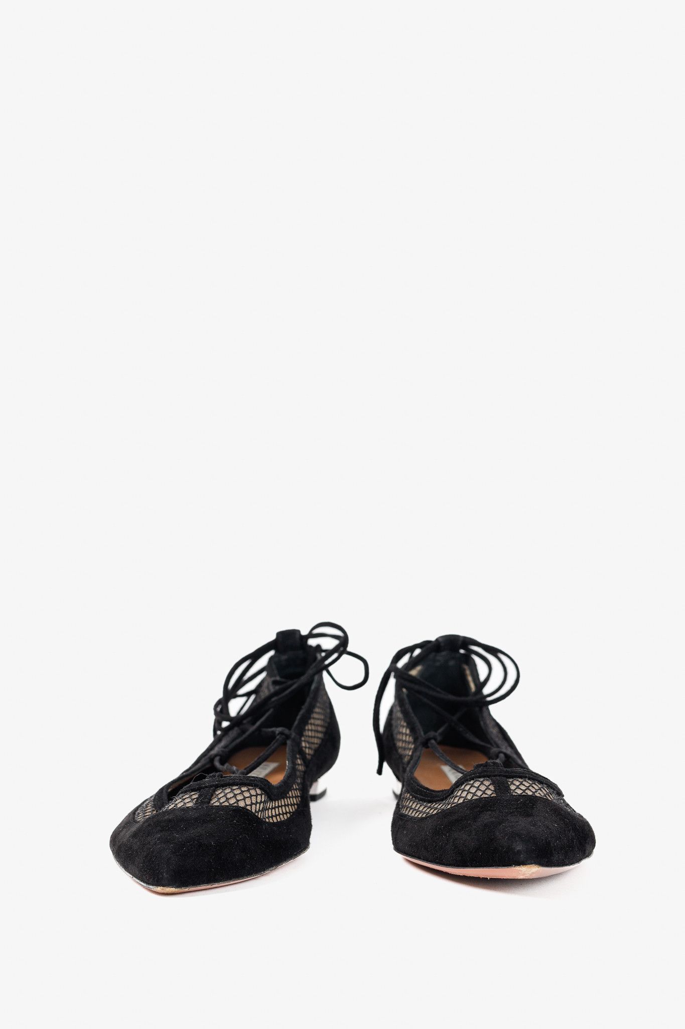 Aquazzura Aquazzura Dalia Black Suede & Mesh Ankle-Tie Ballet Flats Size US 9 / IT 39 - 2 Thumbnail