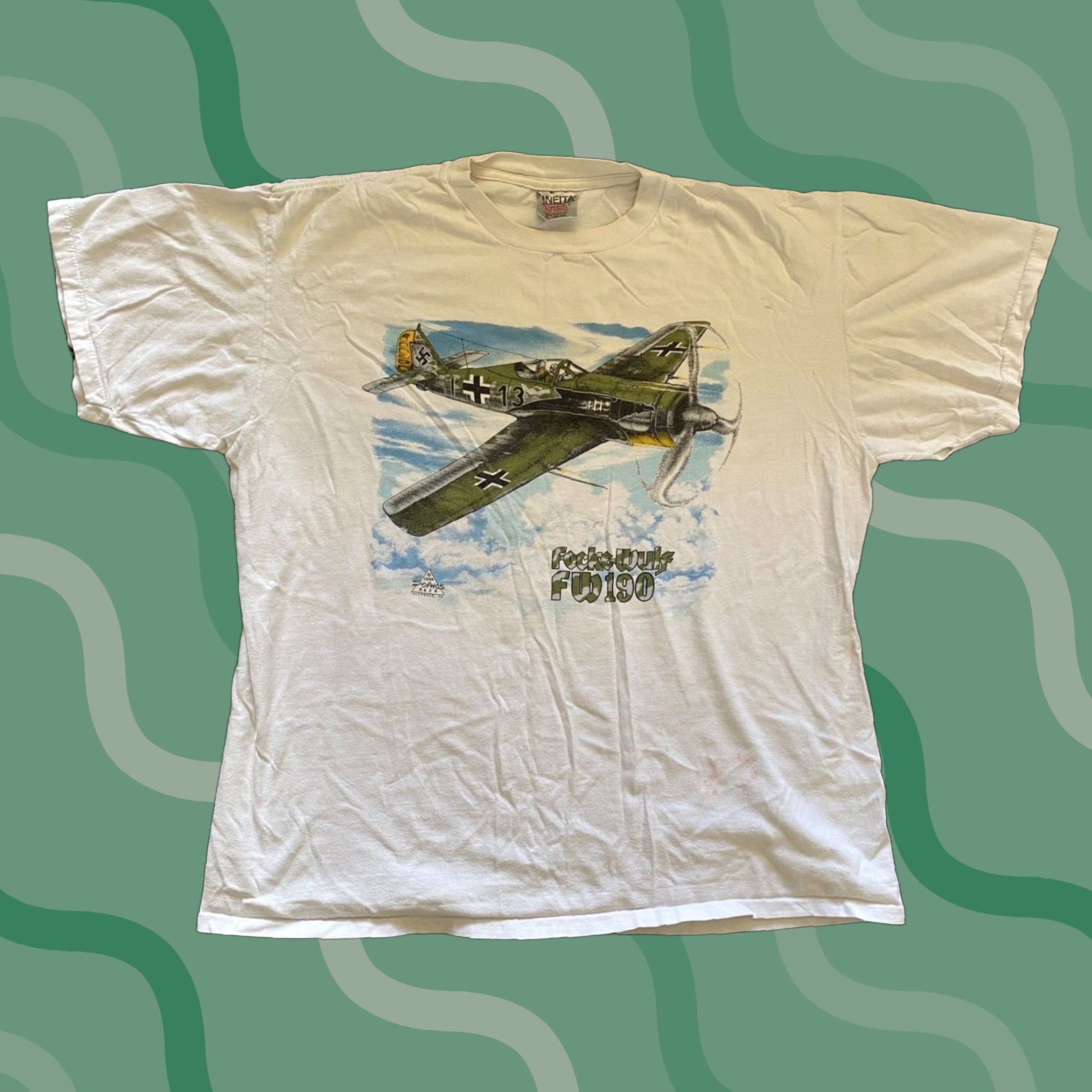 Vintage VINTAGE 1994 Oneita T Shirt XL 46-48 Focke-Wulf FW190 Single Stitch German Plane Mens Shirt White 90s Military Classic Size US XL / EU 56 / 4 - 1 Thumbnail