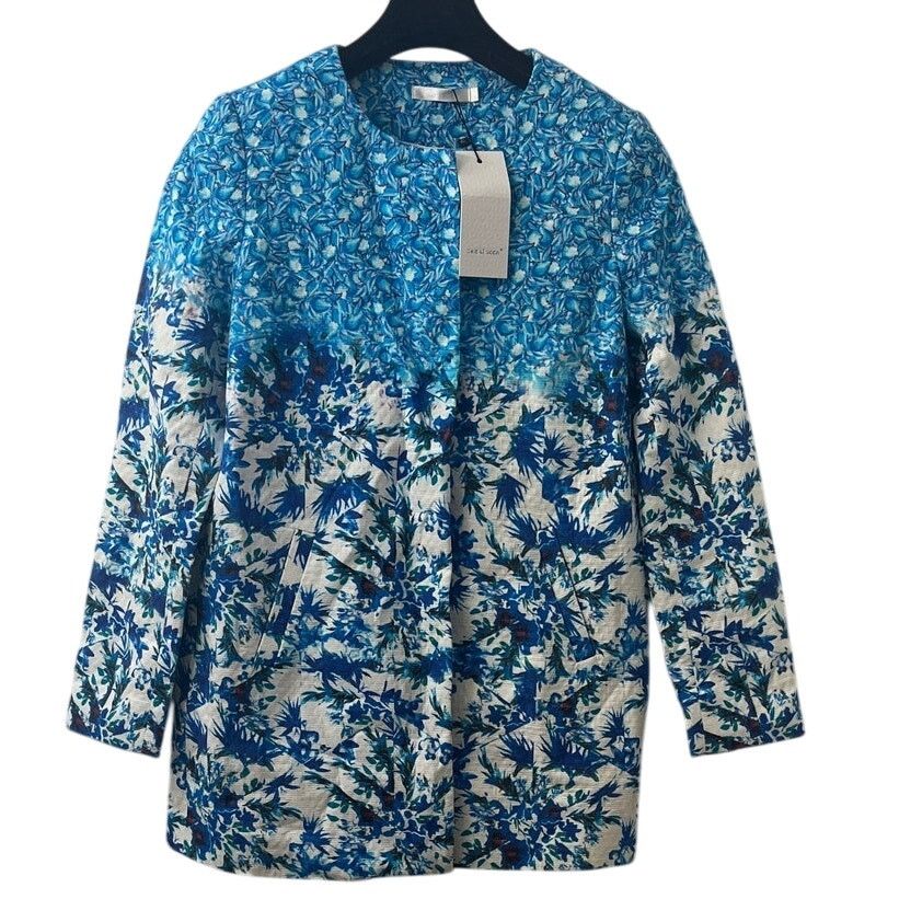 See U Soon Blue Floral Linen Blend Jacket - Size: 1