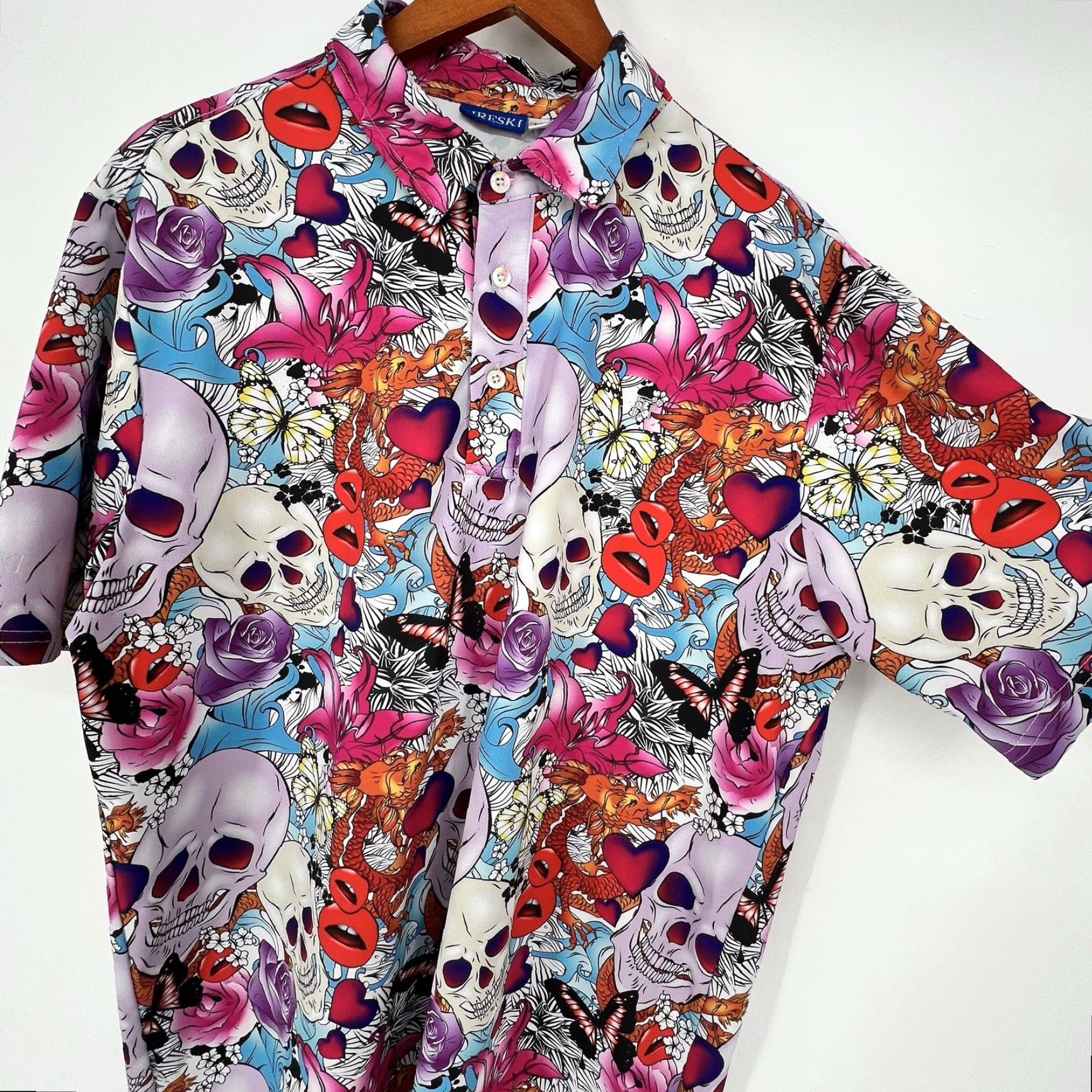 Vintage HRESKI Polo Golf Shirt Mens Size M Pink Graphic Print Skulls Roses Dragon Size US M / EU 48-50 / 2 - 2 Thumbnail