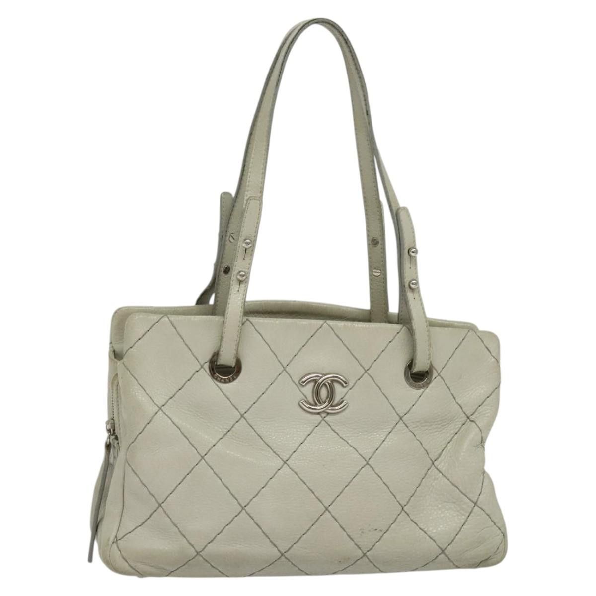 Chanel Wild Stitch Shoulder Bag Leather Ivory Silver Cc Auth 122688 in Ivory/Silver, Women's