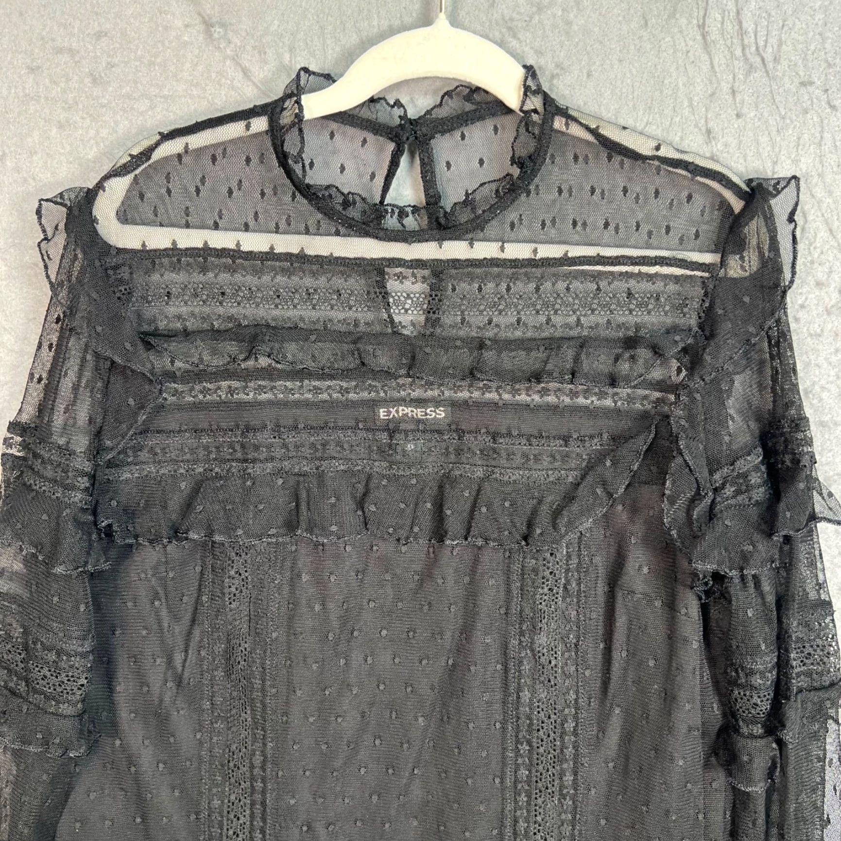 Express Express Womens Blouse XS Sheer Black Ruffle Long Sleeve Pullover Shirt, Mimic Classic, Casual, Nylon/Polyester, Express Size XS / US 0-2 / IT 36-38 - 7 Thumbnail