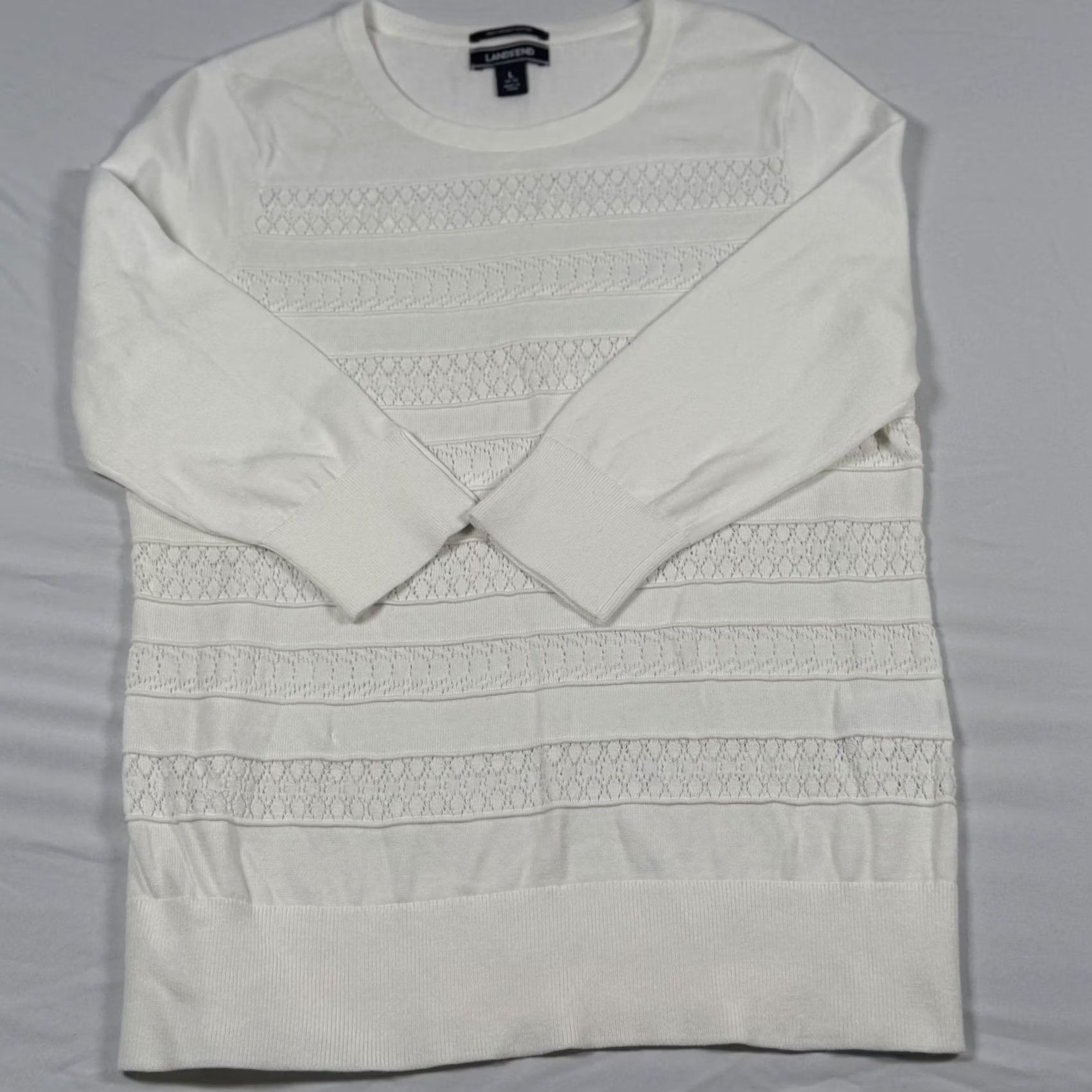 Lands' End Lands' End Drifter Sweater L Supima Cotton Striped Pointelle Lightweight Crew Neck 3/4 Sleeve Women Knitted Open-Knit Size L / US 10 / IT 46 - 3 Thumbnail