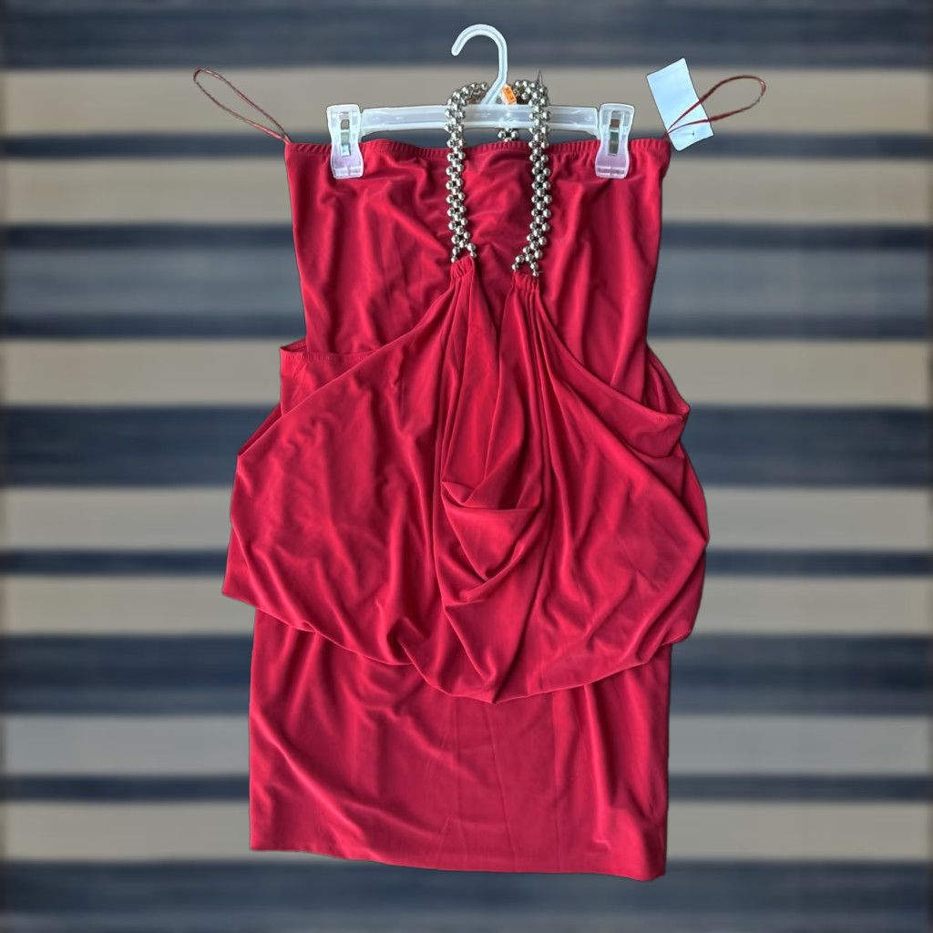 Vintage VINTAGE Cache Blouse Cocktail Mini Dress Women L Red Beaded Straps Scraps: NWT Size L / US 10 / IT 46 - 1 Thumbnail