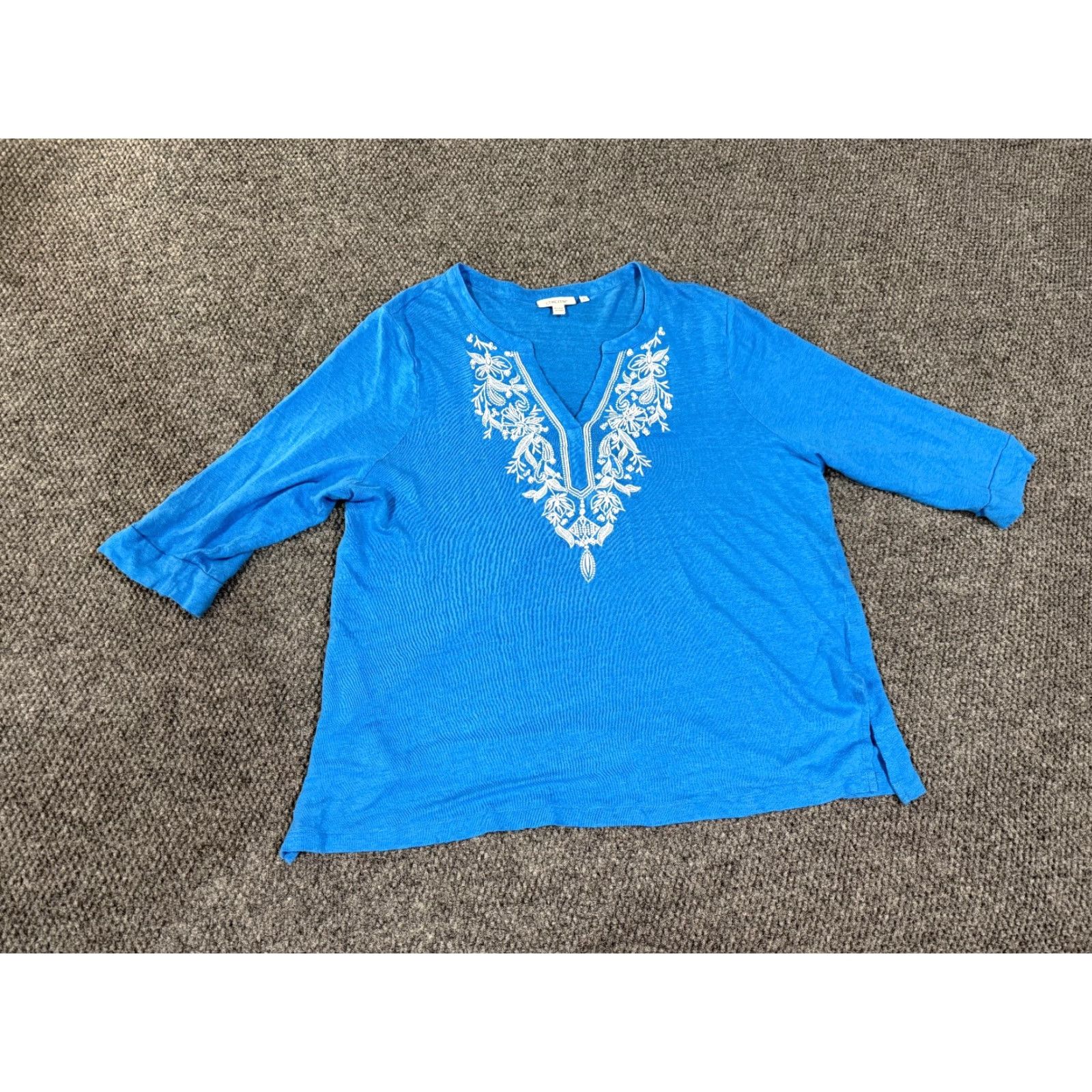 Vintage Chicos Tunic Top Womens Blouse Shirt Blue 4 Linen Embroidered V-Neck Long Sleeve Casual Pullover All Seasons Regular Size S / US 4 / IT 40 - 2 Thumbnail