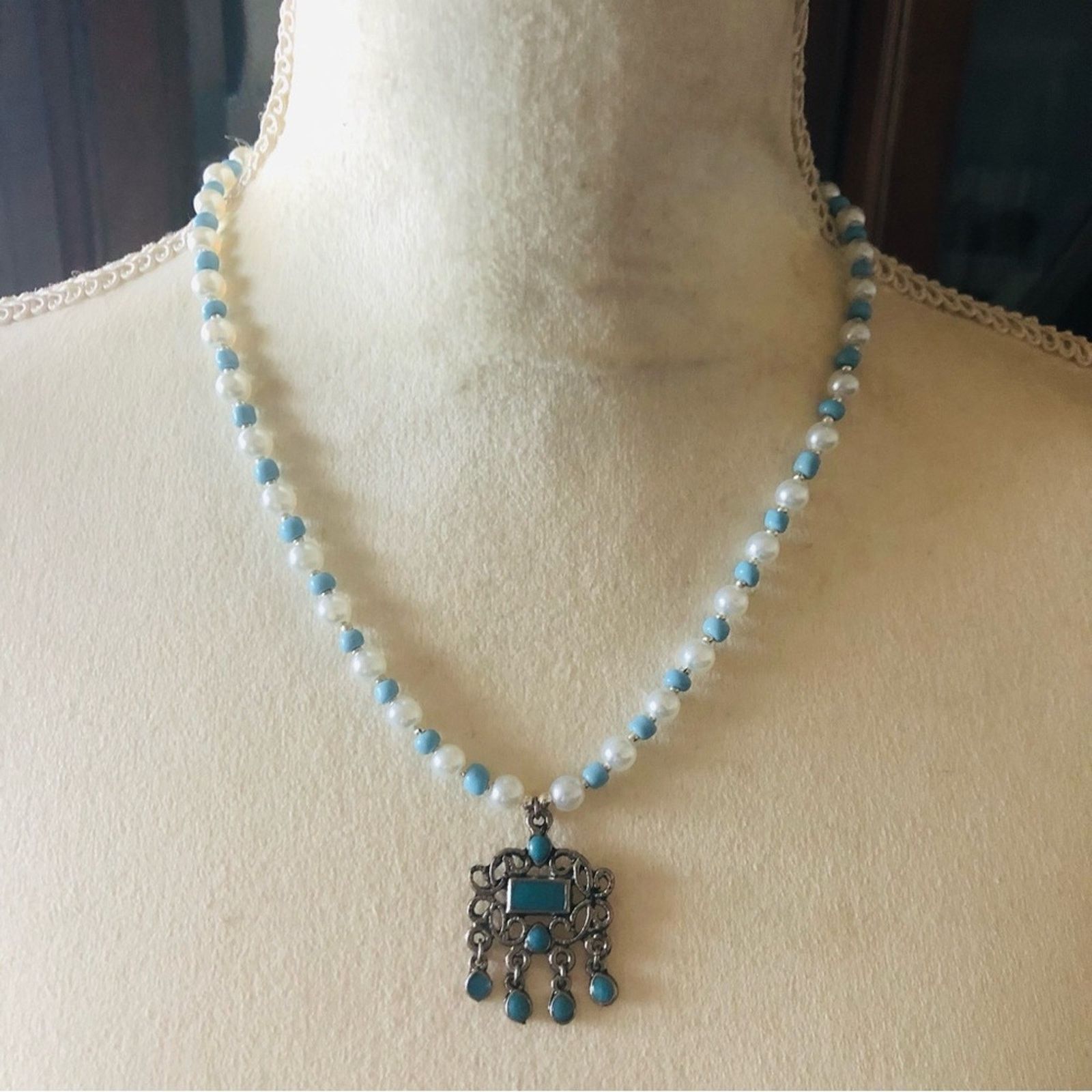 Handmade Handcrafted repurpose turquoise enamel Pearl necklace Size ONE SIZE - 2 Thumbnail