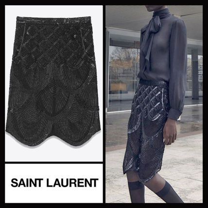Saint Laurent Paris o1b1hav111224 Midi Skirt in Embroidered Silk Tulle in Noir Size 28" / US 6 / IT 42 - 4 Thumbnail