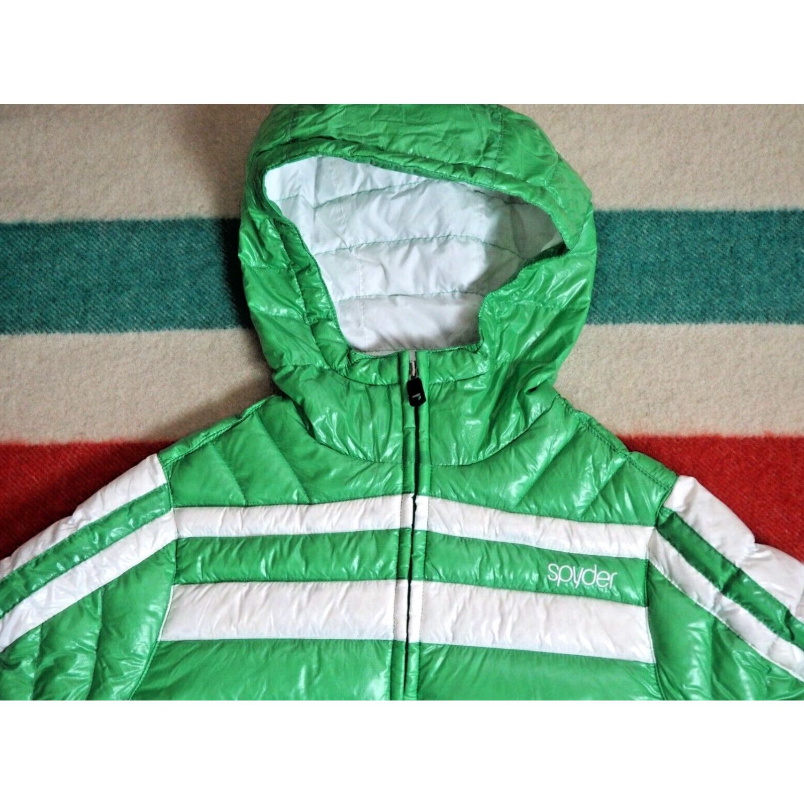 Spyder SPYDER Green White Striped Down Zip Outdoor Logo Puffer Jacket Womens S Size S / US 4 / IT 40 - 3 Thumbnail