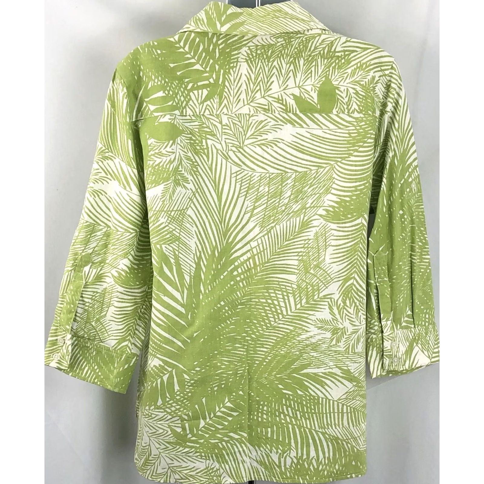Vintage Jaclyn Smith Linen Top L Green Floral Tropical 3/4RollTab Sleeves Button Up Size L / US 10 / IT 46 - 3 Thumbnail
