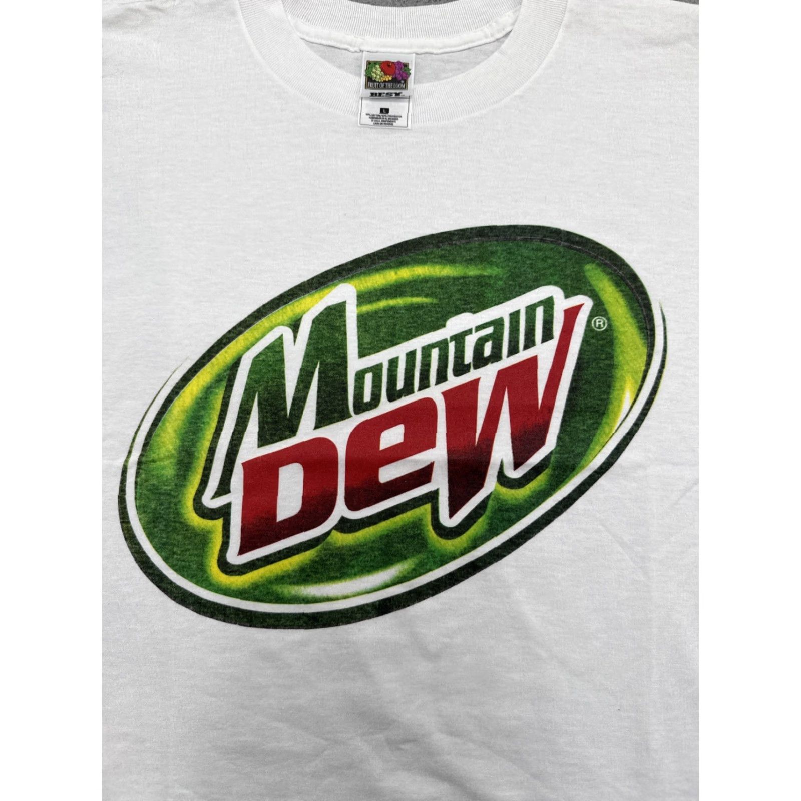 Fruit Of The Loom VINTAGE Mountain Dew Logo Shirt Mens L White Cotton Logo 90s Classic T-Shirt Size US L / EU 52-54 / 3 - 2 Thumbnail