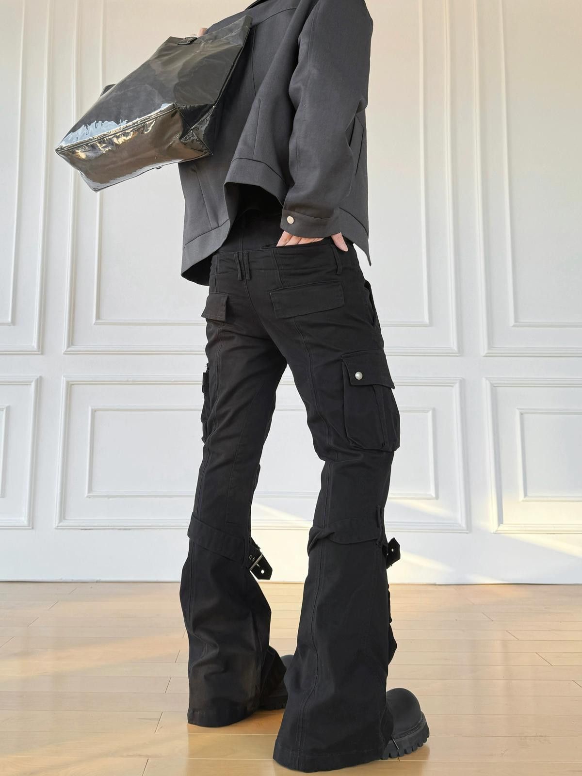 Other Black Cargo Flared Stacked Pants with Straps Size US 32 / EU 48 - 5 Thumbnail