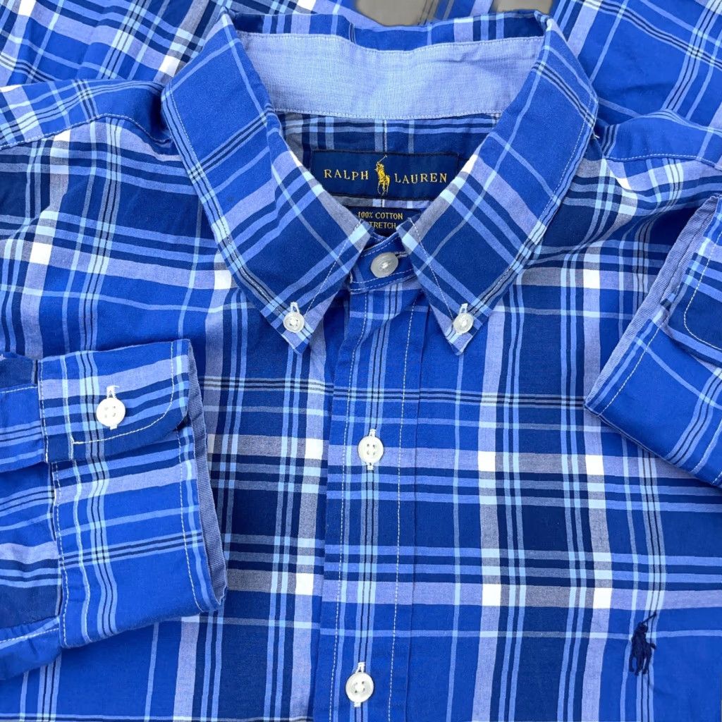 Ralph Lauren Ralph Lauren Shirt Men Large Blue Plaid Button Up Dress Poplin Stretch Cotton B2 Size 42R - 1 Thumbnail
