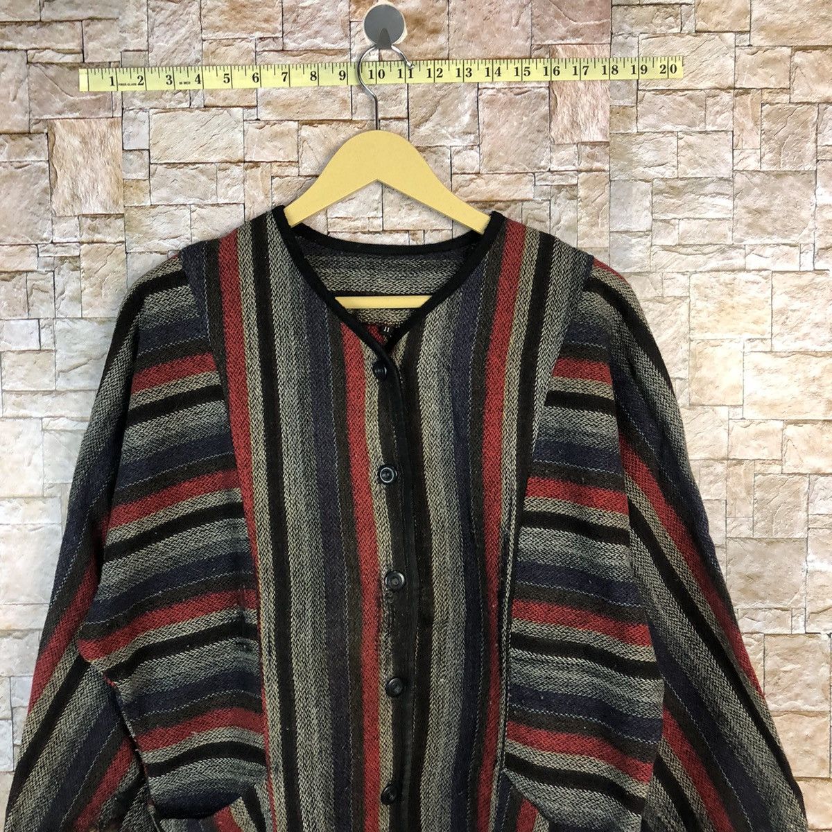 Homespun Knitwear Japan cardigan Red black stripe Knitwear #A499 Size L / US 10 / IT 46 - 2 Thumbnail