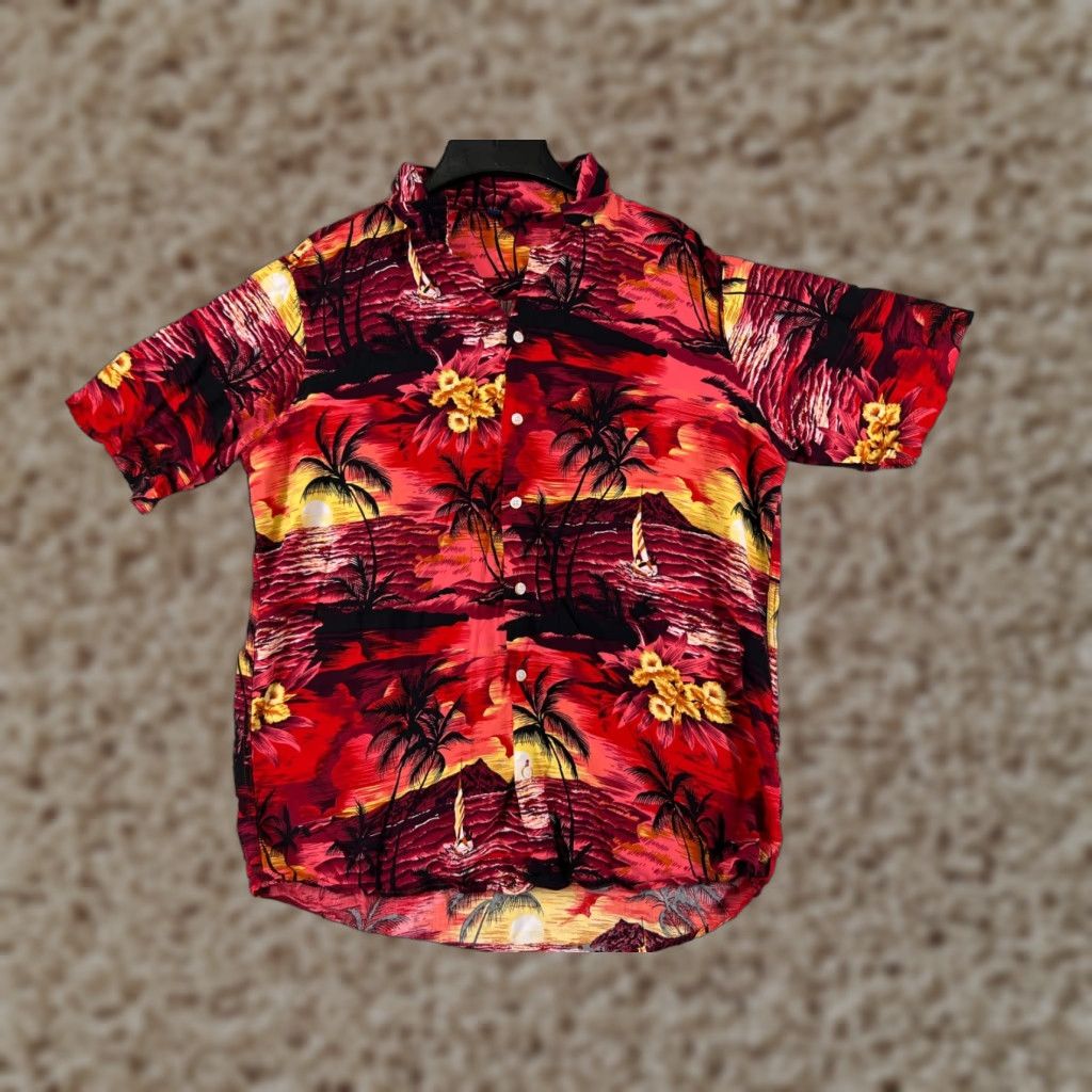 Vintage Design In Italy Shirt Adult Large Red Orange Hawaiian Island Sunset Palm Print Shirt Men Regular Red Hawaiian Floral Short Sleeve Button-Up 70s? Size US L / EU 52-54 / 3 - 1 Thumbnail