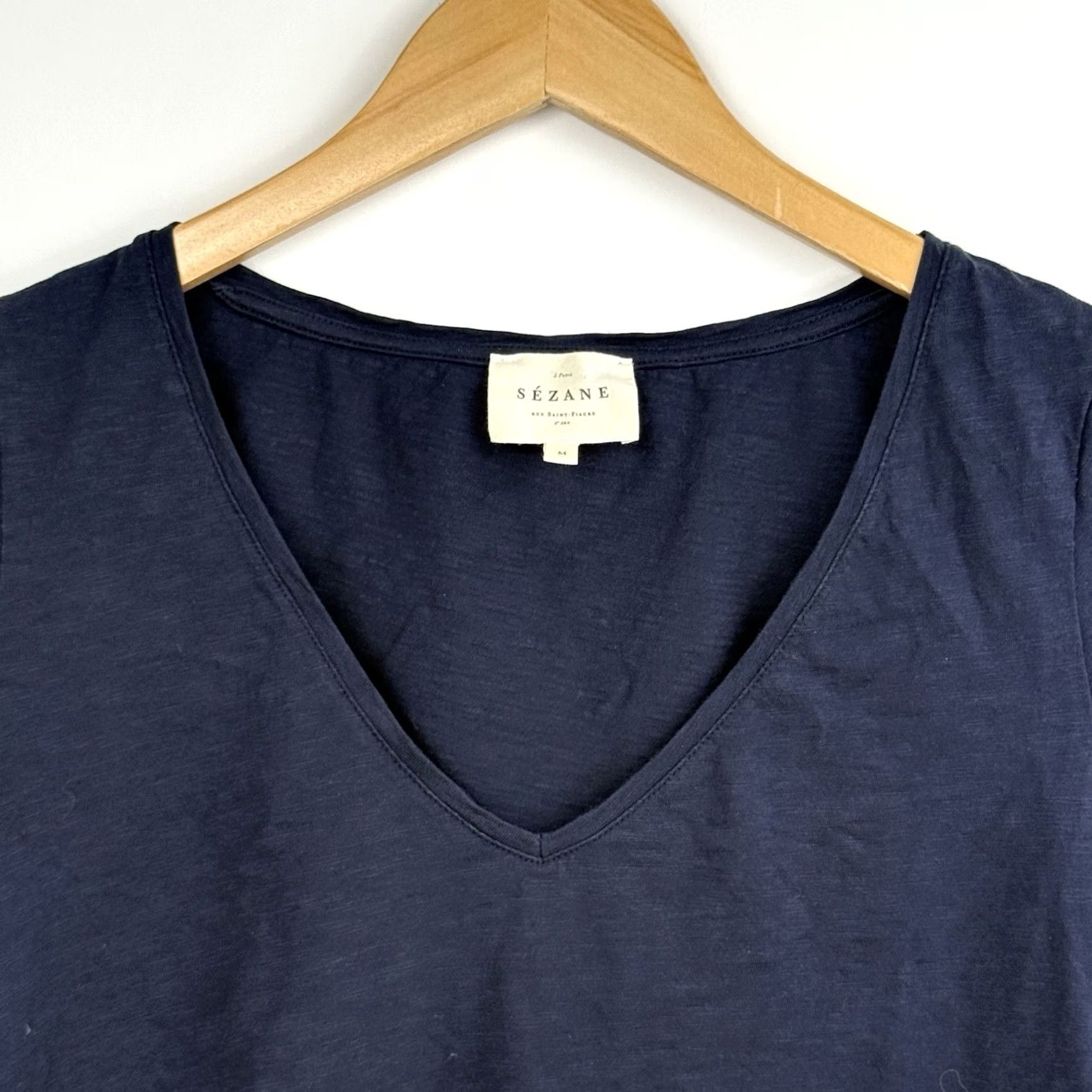 Vintage Sezane T-Shirt Navy V-Neck 100% Cotton Short Sleeve Women M Casual Basic Size M / US 6-8 / IT 42-44 - 3 Thumbnail