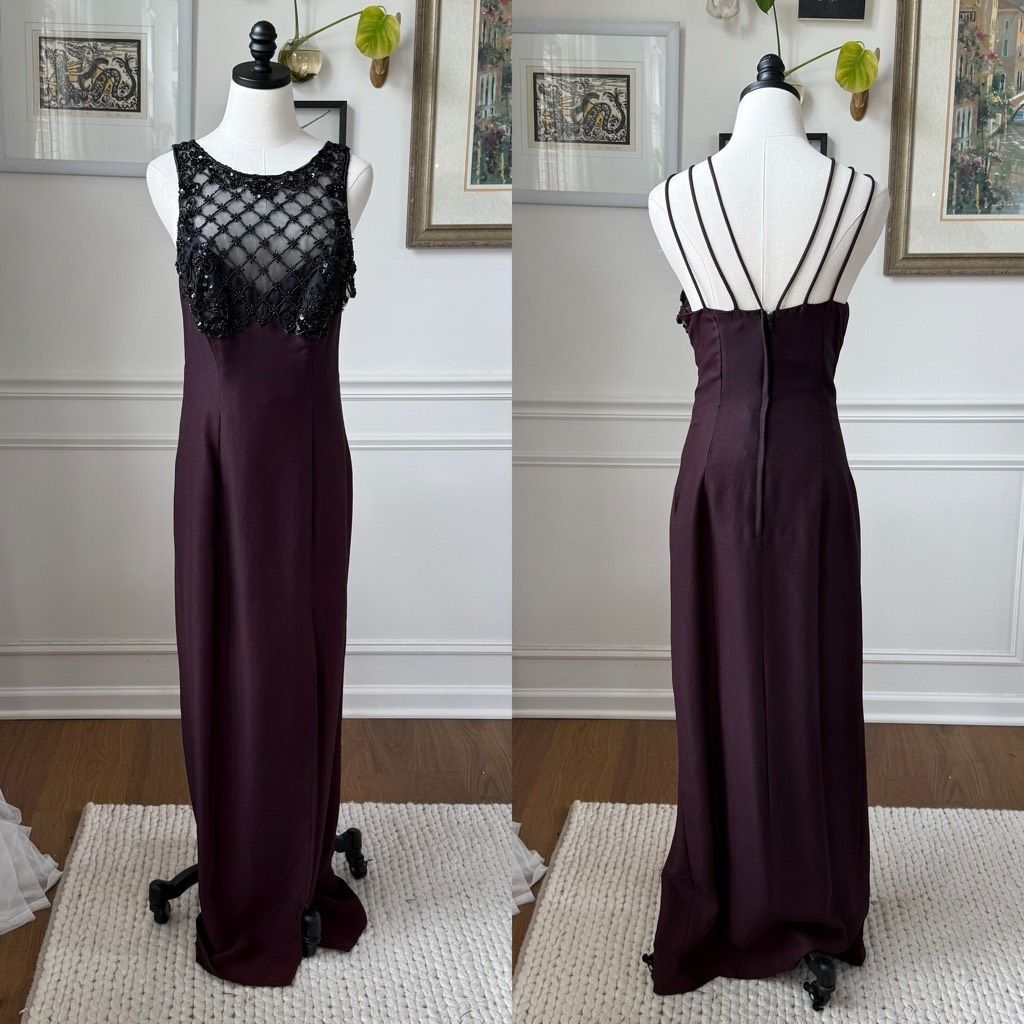Vintage Vintage 80s 90s Purple Black Mesh Beaded Illusion Bodice For Size M / US 6-8 / IT 42-44 - 1 Thumbnail