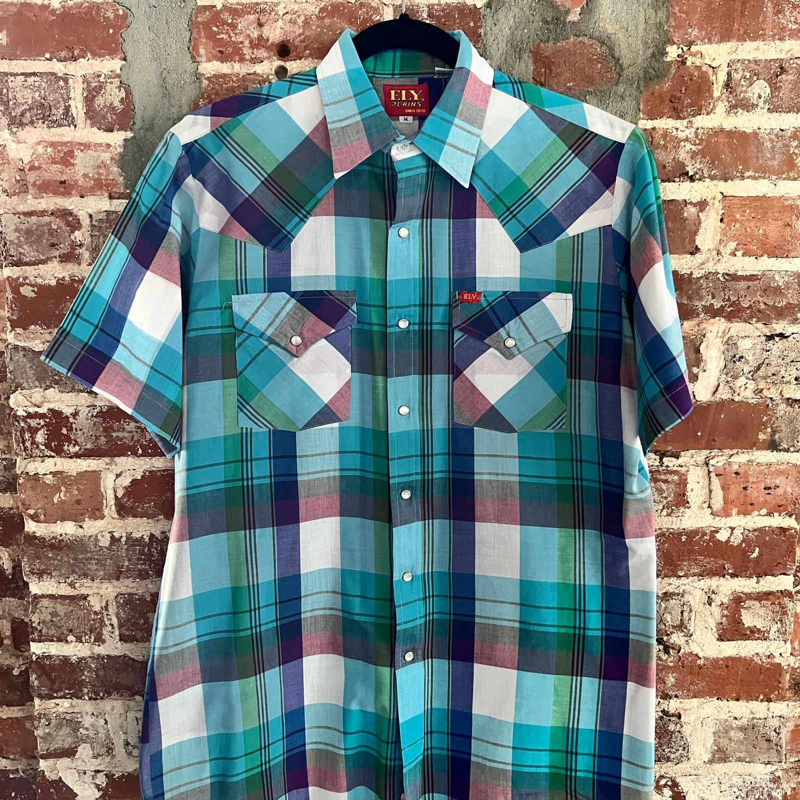 Vintage VTG ELY Plains Men's SS Blue Plaid Pearl Snap Shirt M 21x30 Size US M / EU 48-50 / 2 - 2 Thumbnail