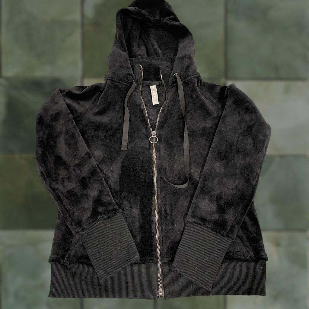 Athleta Jacket Womens XS Black Full Zip Hooded Velour Comfort Casual All Seasons Outdoor Logo Zipper