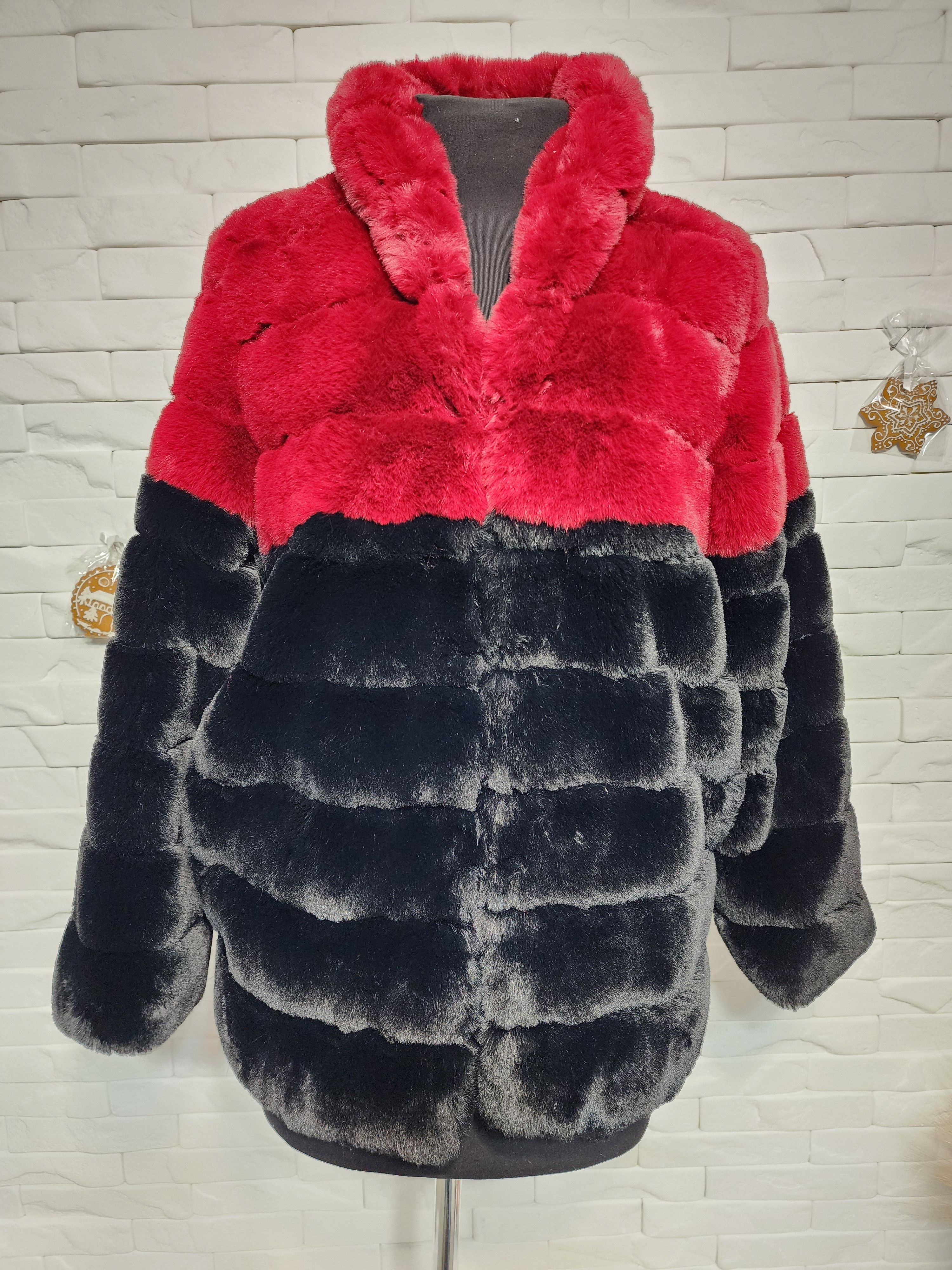 Furla Red @ Black Faux Fur Coat: Women's Warm Winter Outerwear Size M / US 6-8 / IT 42-44 - 1 Thumbnail