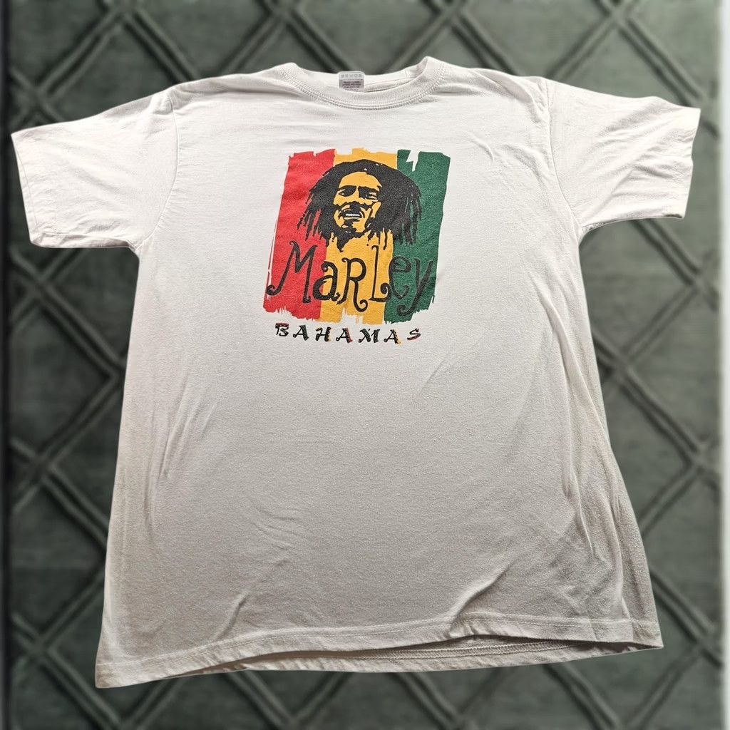Vintage Bob Marley Bahamas Shirt Mens Large White Short Sleeve Graphic Print T-Shirt Reggae Rasta Crew Neck Cotton Polyester Size US L / EU 52-54 / 3 - 1 Thumbnail