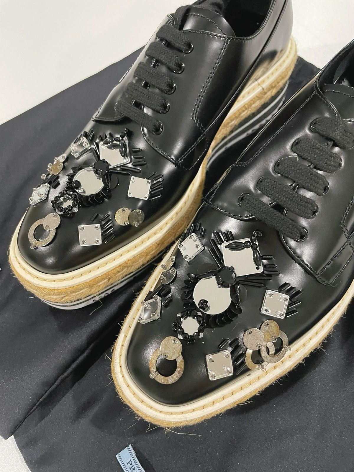 Prada PRADA Black Leather Applique Platform Laces Size US 7.5 / IT 37.5 - 2 Thumbnail
