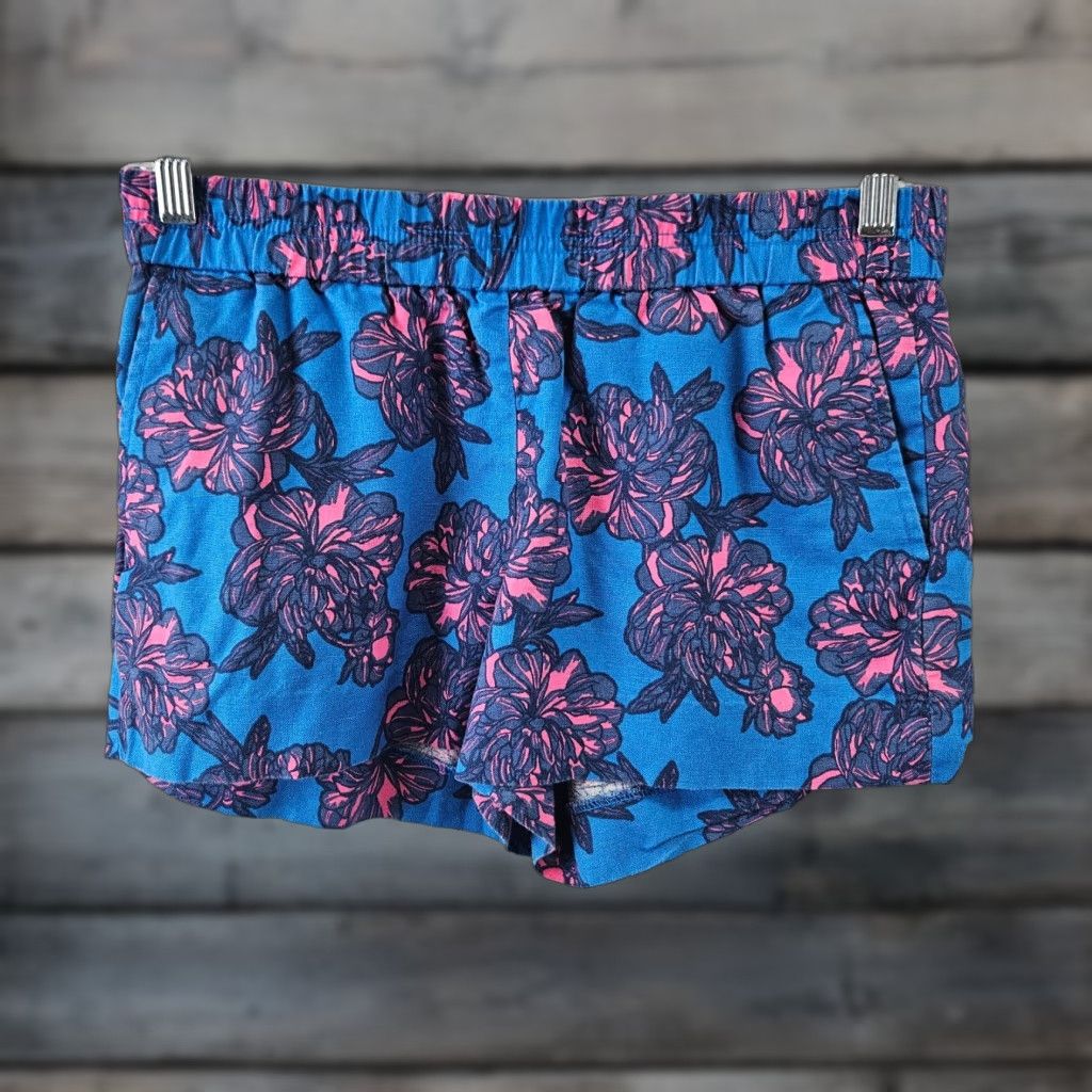 J.Crew J.CREW Womens Shorts Size 4 Blue Pink Floral Linen Blend Pull On Mid Rise Shorts Womens Size 27" / US 4 / IT 40 - 1 Thumbnail