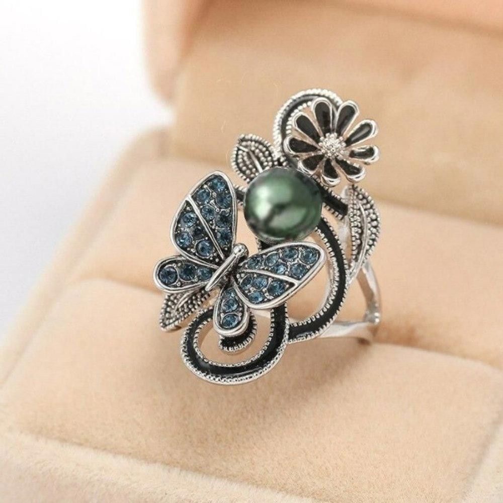 Designer Vintage Navy Blue Pearl Butterfly Silver Flower Ring- Size 7 Size ONE SIZE - 1 Thumbnail