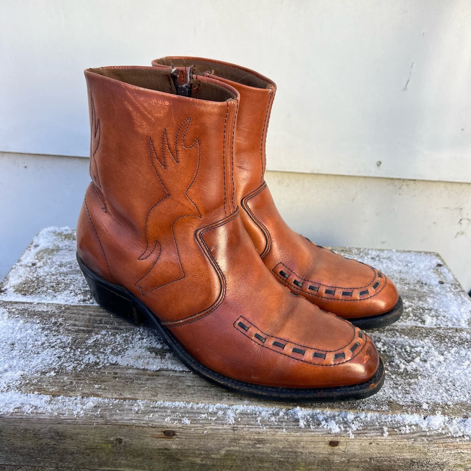 image of Vintage Double H Square Toe Western Rancher Zip Up Ankle Boots 8.5Ee in Brown, Men's