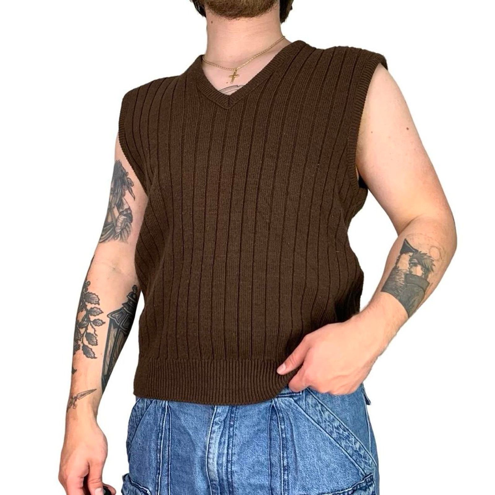 Vintage Vintage 90s brown knit sweater vest Size US L / EU 52-54 / 3 - 2 Thumbnail