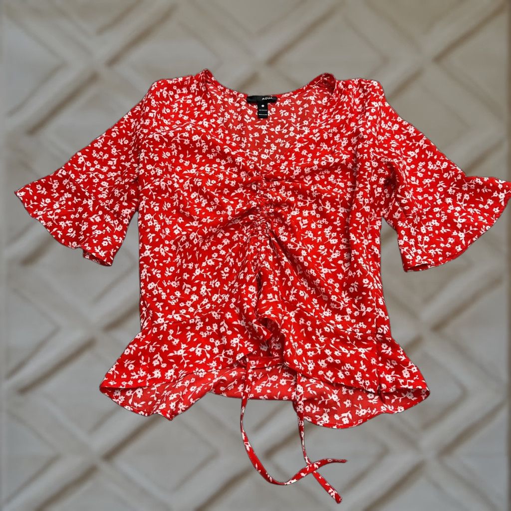 Aqua Ruched Floral Top Womens S Red White Ruffles Bell Sleeve Casual Knit Polyester V-Neck Short Sleeve Blouse Shirt Beach Classic Modern